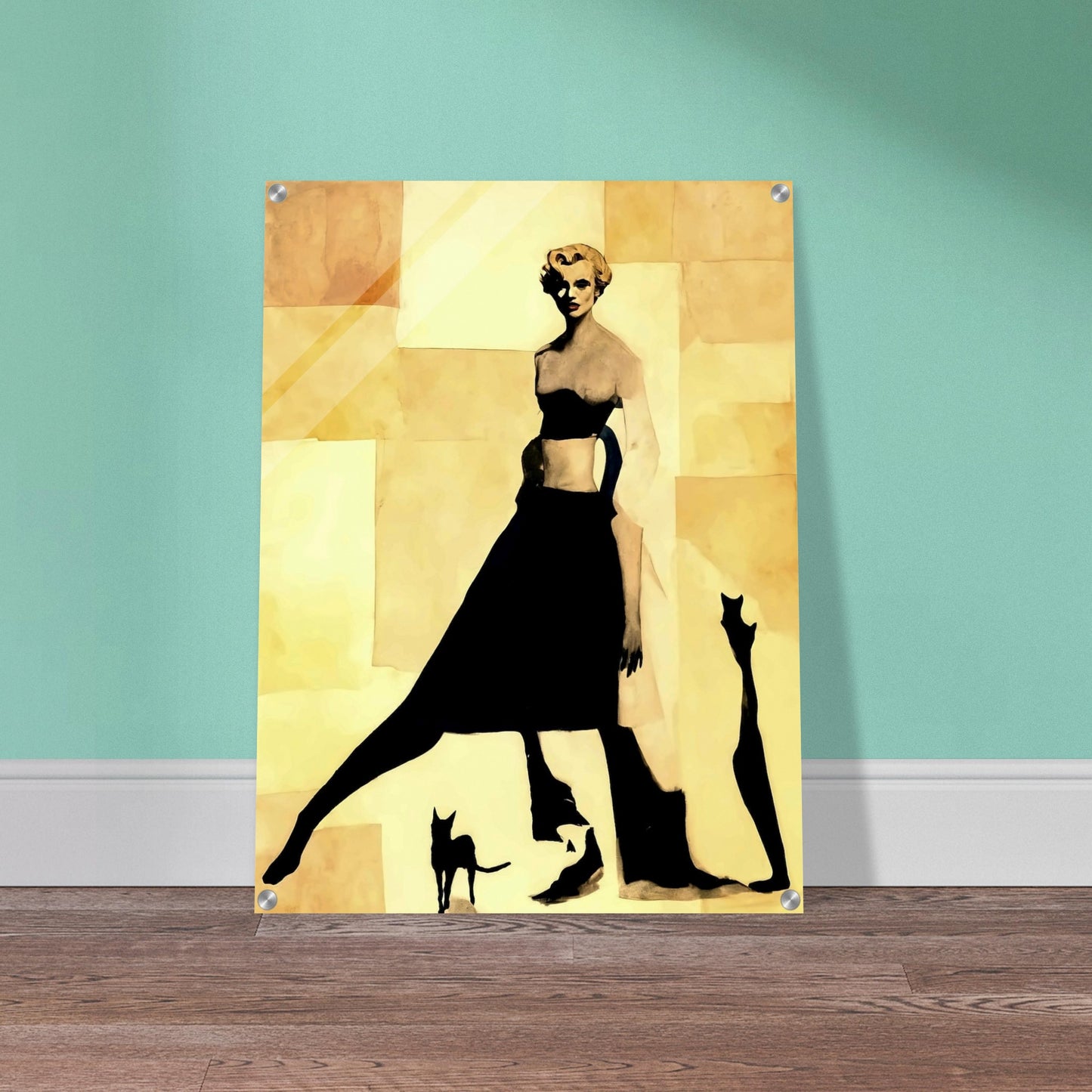 "An abstract, minimalist painting of a stylish woman in black silhouette, accompanied by shadowy figures of two cats against a beige background."