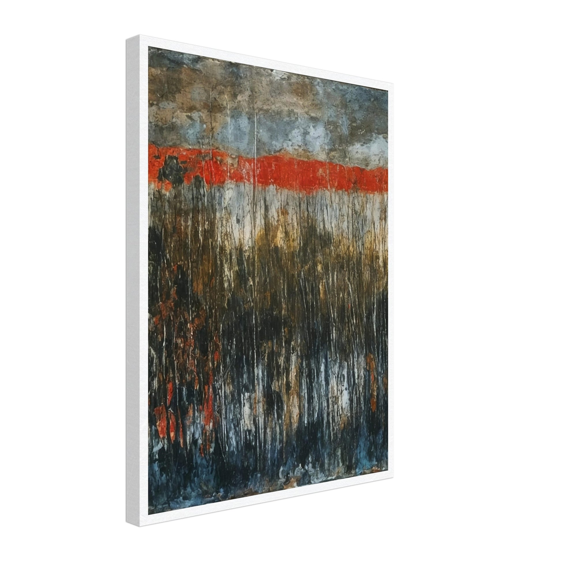 A captivating landscape with a vivid red horizon, contrasted by dark, misty foliage in the foreground, evoking a sense of mystery and drama.