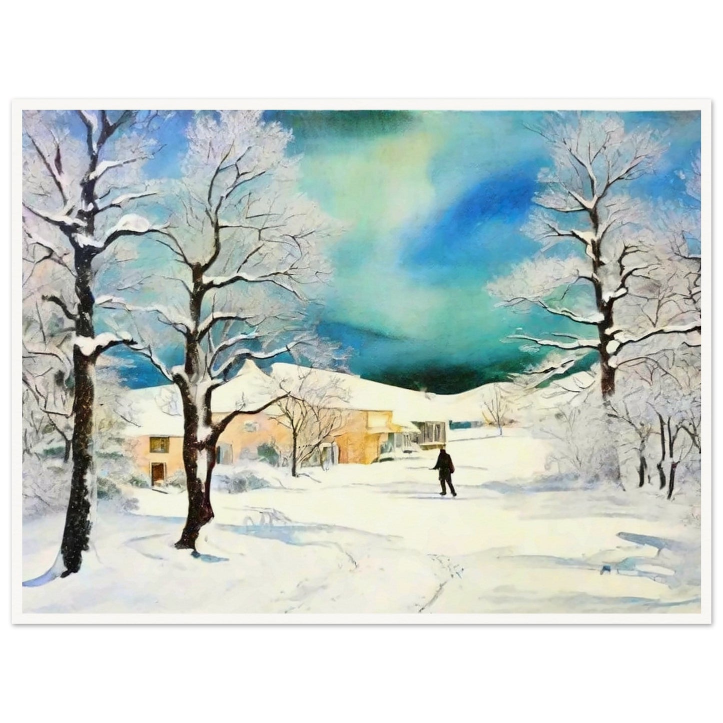 A serene winter landscape featuring snow-covered trees, a lone figure walking through the snow, and warm houses nestled under a stunning blue-green sky.