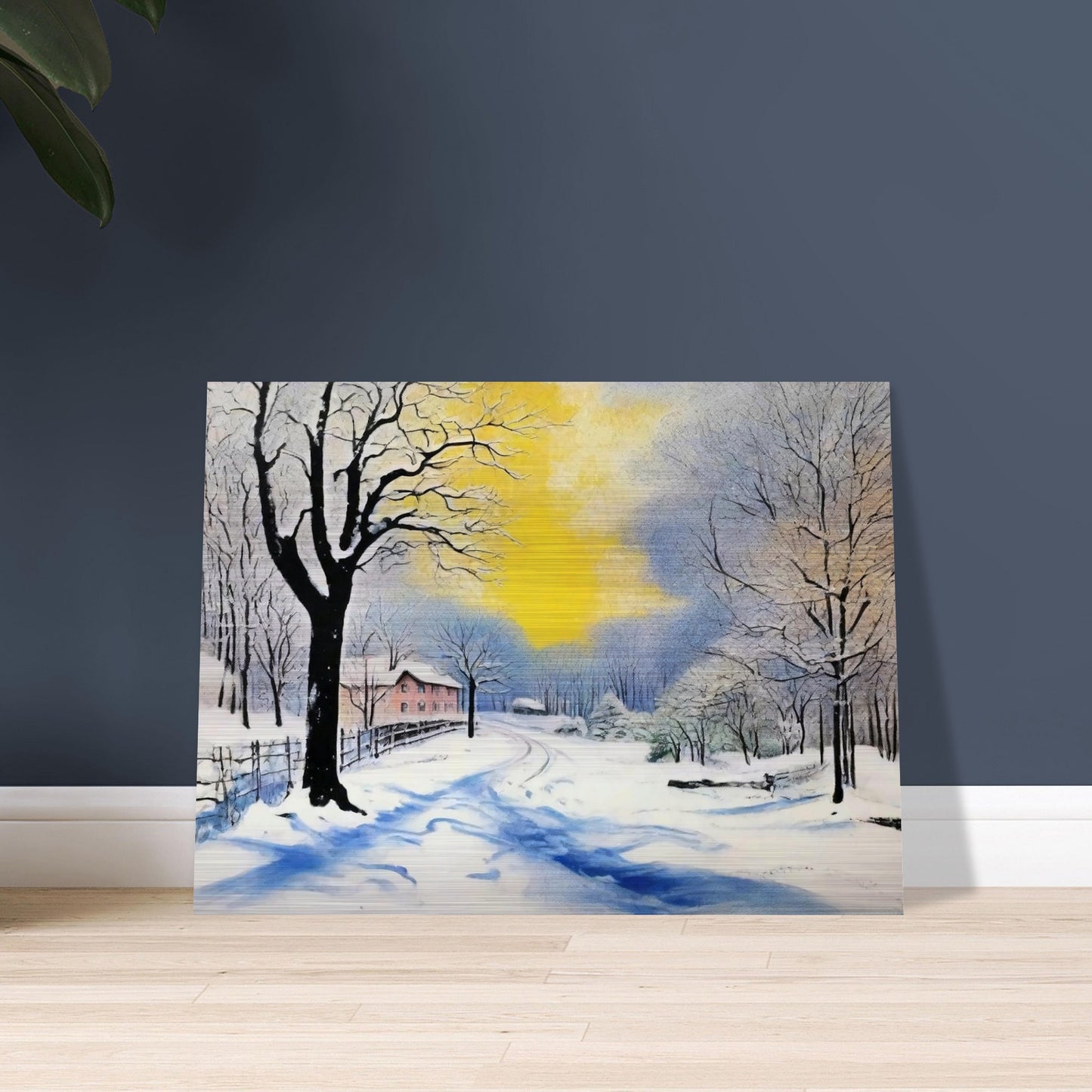 A serene winter landscape with snow-covered trees and a winding path leading to a distant house, illuminated by a warm yellow sunrise against a blue sky.