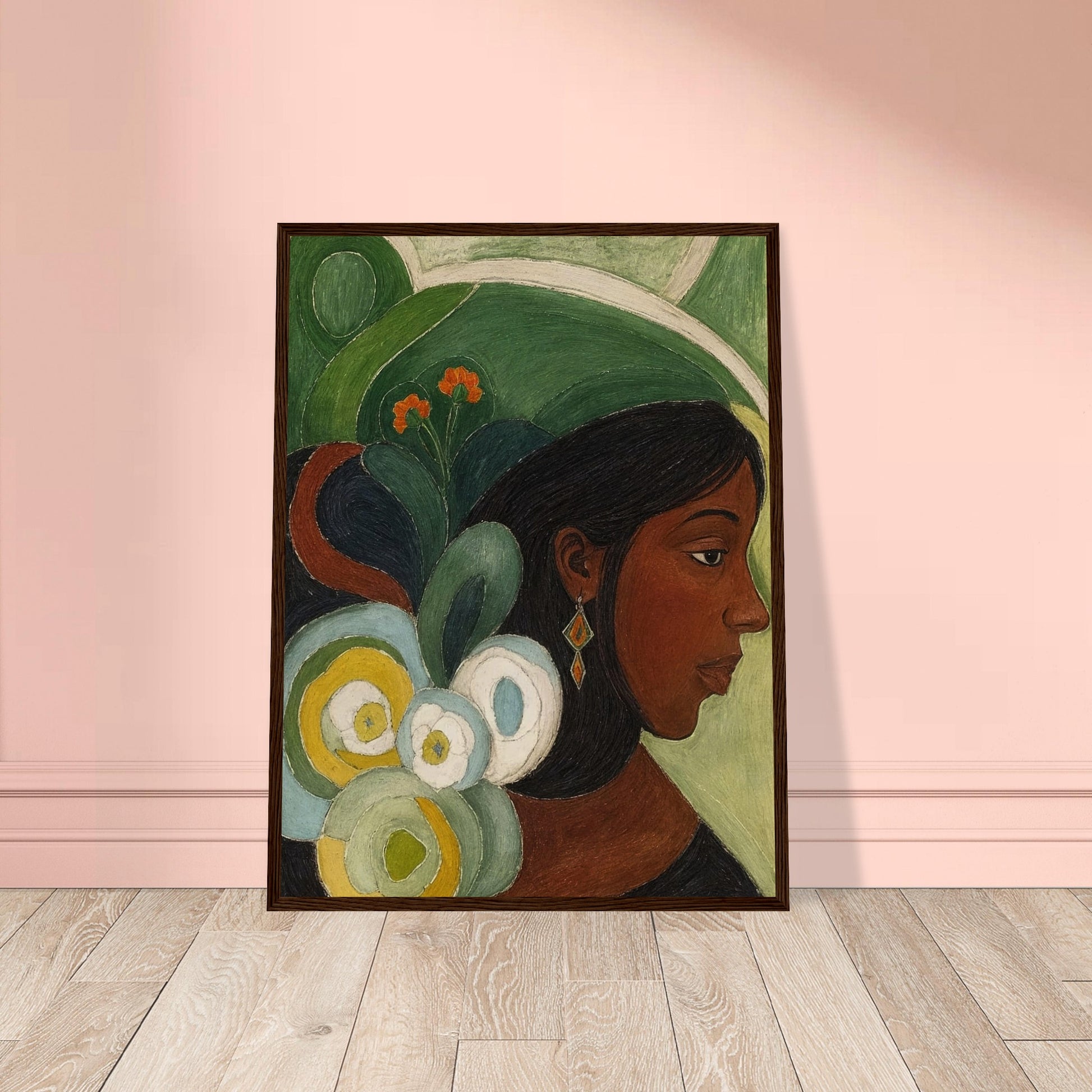 A contemplative portrait of a woman in profile, adorned with vibrant green and floral elements in the background.