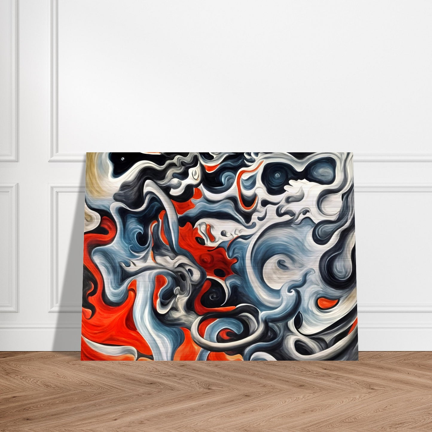 A mesmerizing swirl of red, black, and blue flowing together in a storm-like pattern, evoking a sense of movement and power.