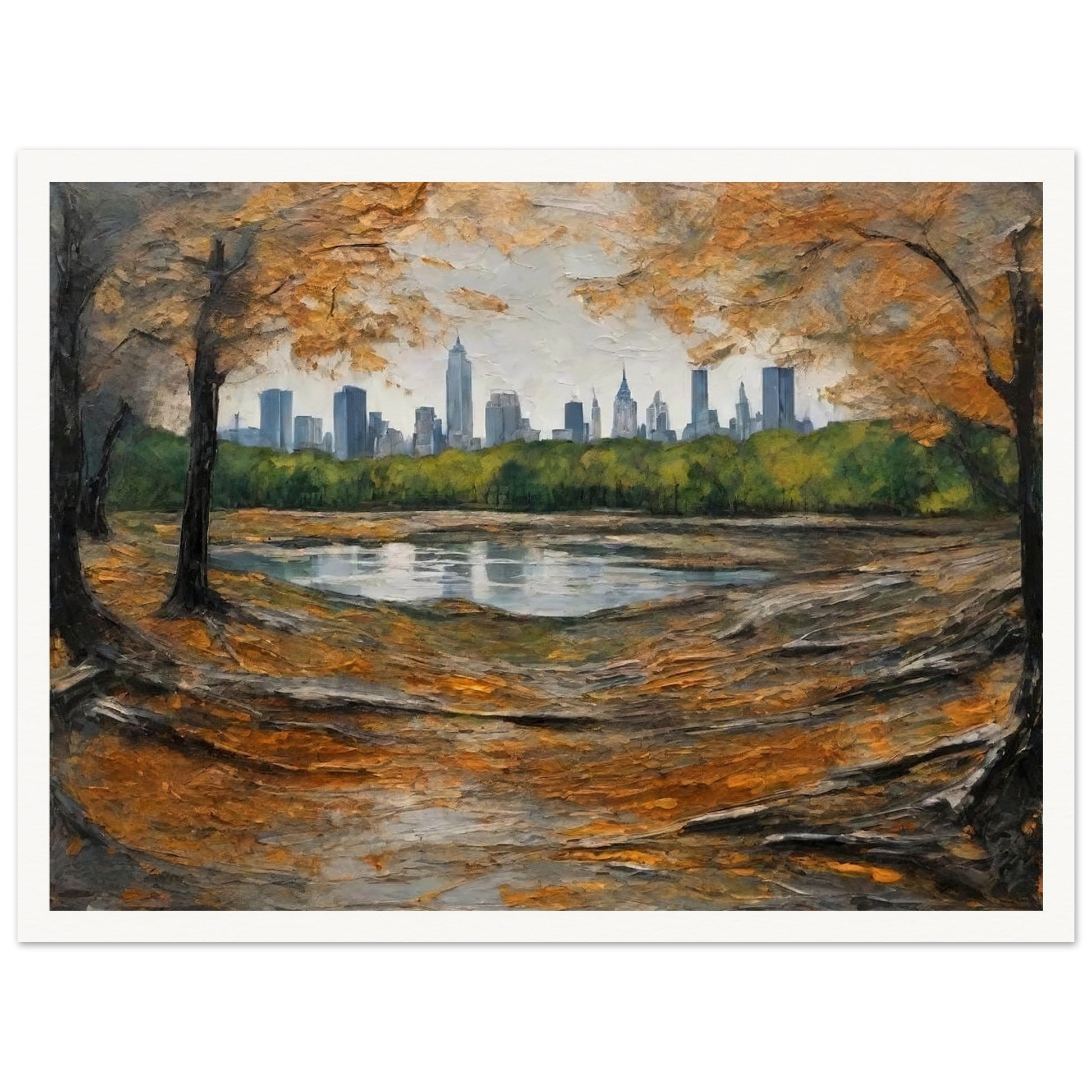 "A beautiful autumn scene with golden leaves framing a city skyline in the distance, viewed from the edge of a tranquil pond in the park."