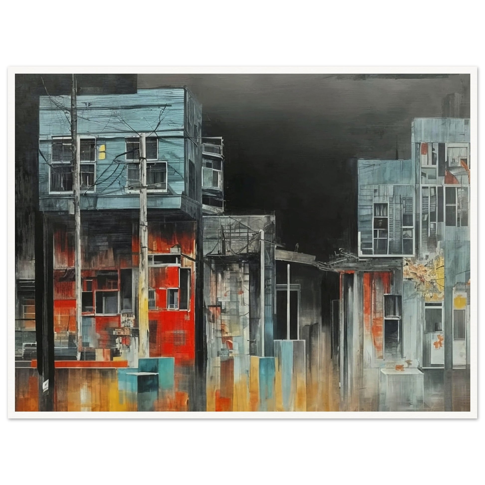 A moody urban scene depicting weathered buildings and power lines against a dark, ominous sky, highlighting urban decay.