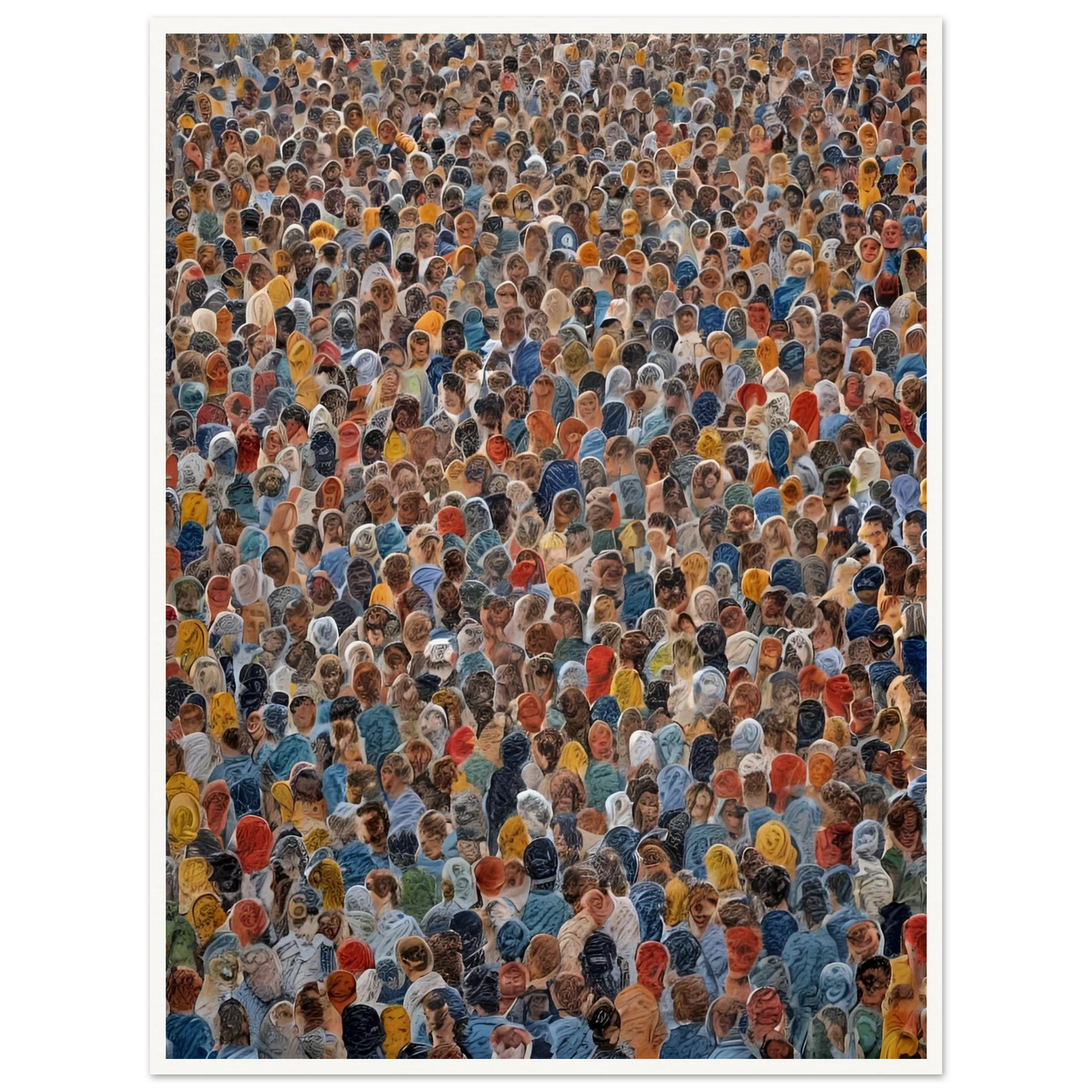 A densely packed crowd of diverse individuals wearing colorful clothing, viewed from above in a striking display of human unity.