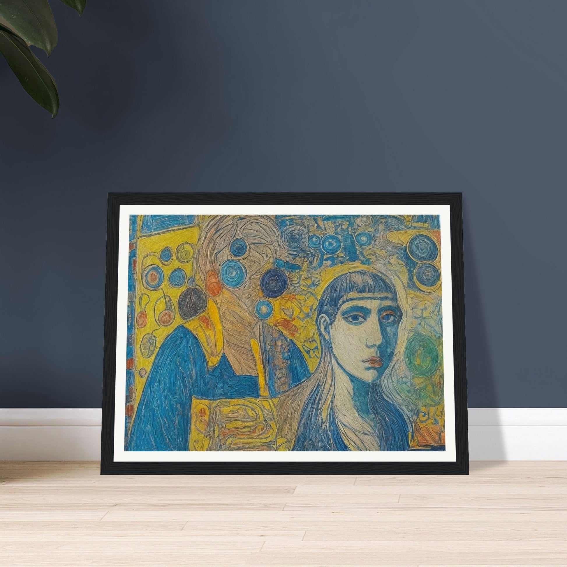 An intricate painting that merges vibrant abstract patterns with expressive human figures, portraying a deep connection between identities and surroundings.