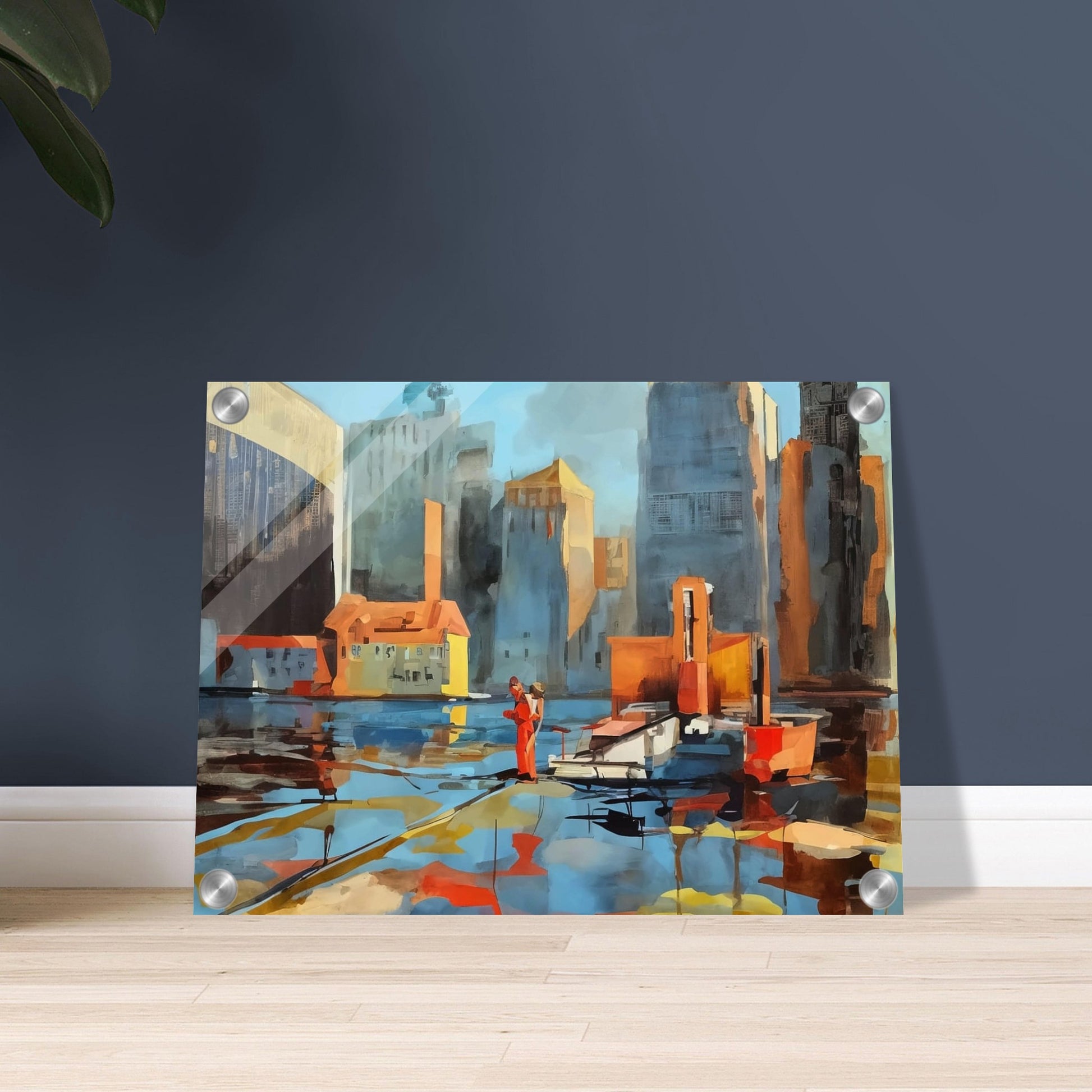 A colorful cityscape featuring tall buildings and a waterfront, with reflections dancing on the water. A person dressed in red stands out amidst the urban environment, creating a dynamic contrast.