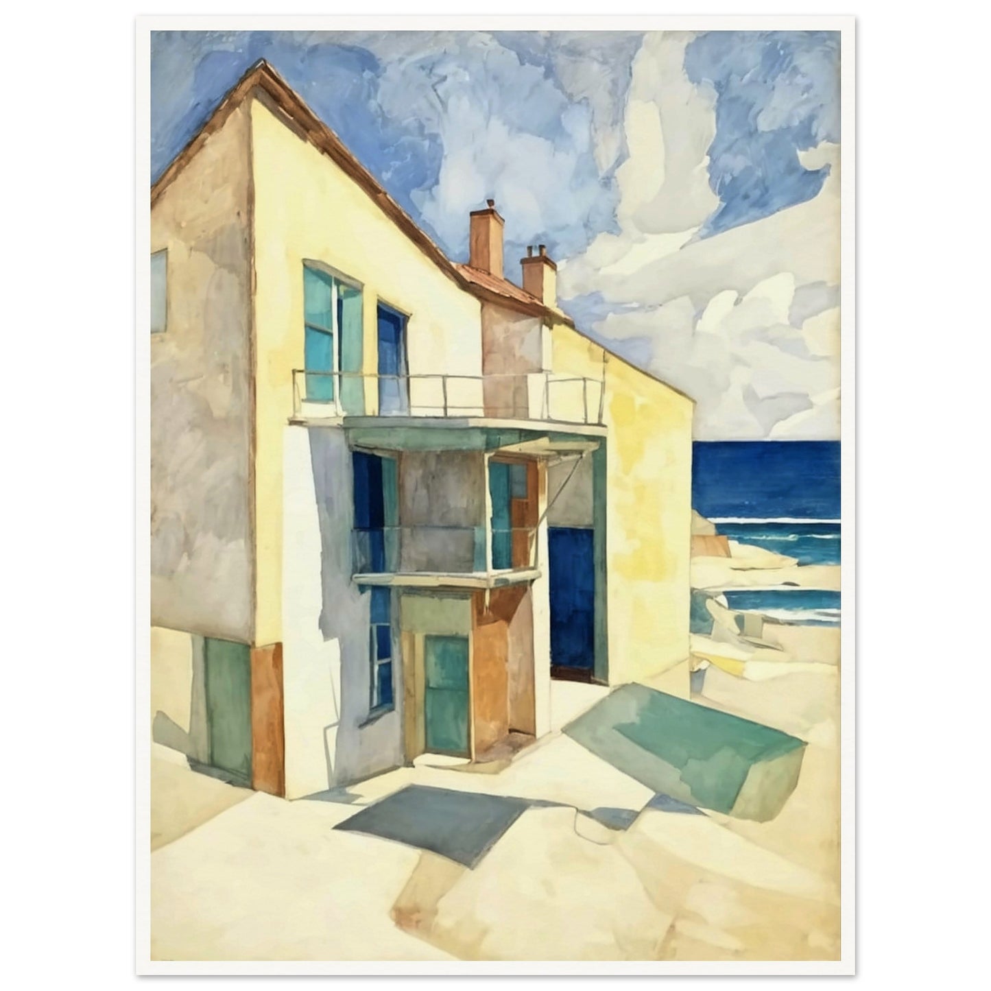 A bright seaside house casts long shadows under the afternoon sun, with a calm ocean and blue skies in the background.