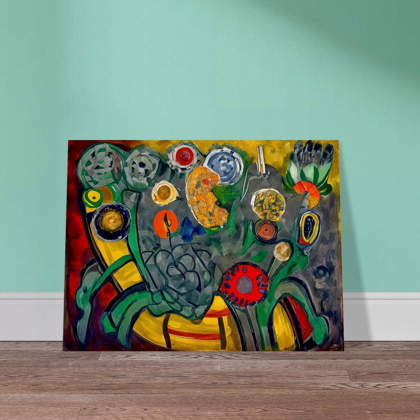 A bold, abstract depiction of colorful flowers with swirling shapes and rich colors like red, yellow, and green, creating an energetic garden-like scene.