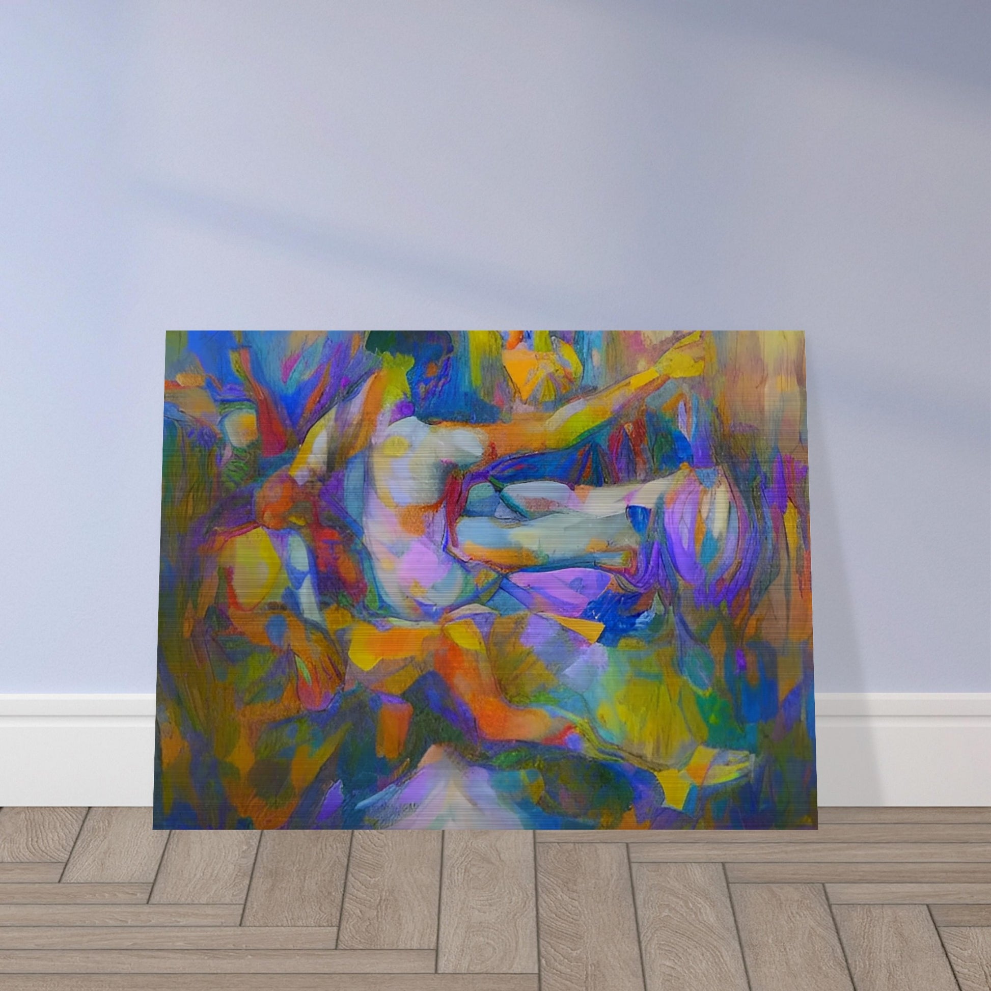 An abstract painting of human figures with vibrant, dynamic colors and forms creating a sense of movement and energy.