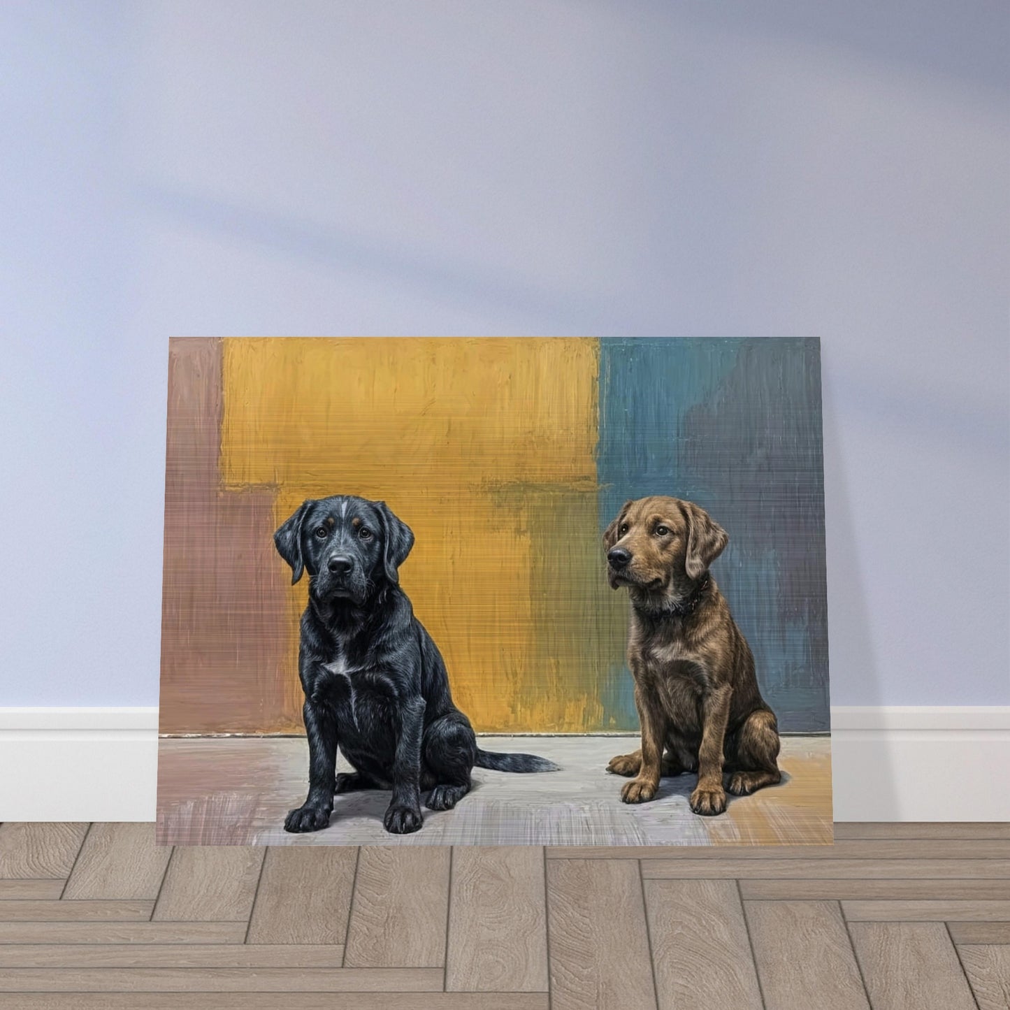 A realistic painting of two dogs sitting side by side against a colorful background, showcasing a black and a brown dog.