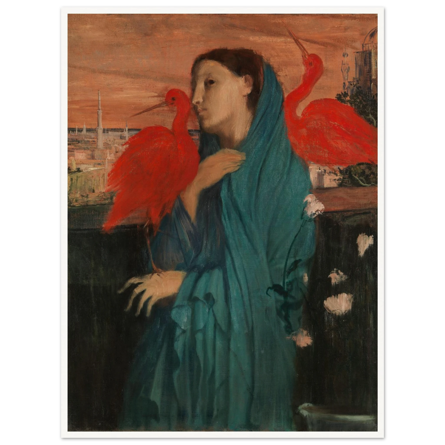 A young woman in a blue robe stands between two bright red ibises against a distant cityscape.