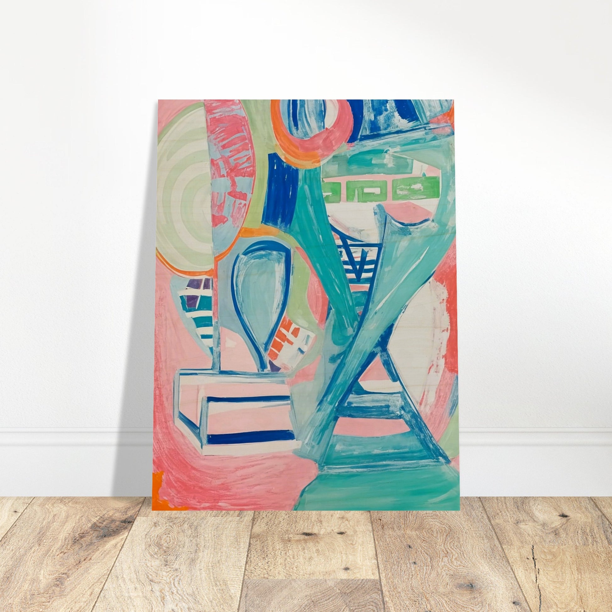 A dynamic interplay of pastel colors and geometric shapes creating a lively abstract composition full of energy and movement.