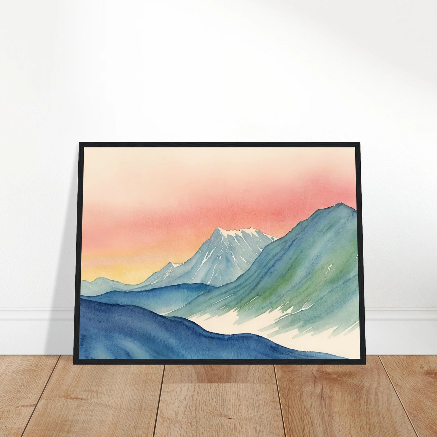 Cool-toned mountain ridges meet a radiant pink and yellow sky in this tranquil watercolor of a twilight alpine scene.