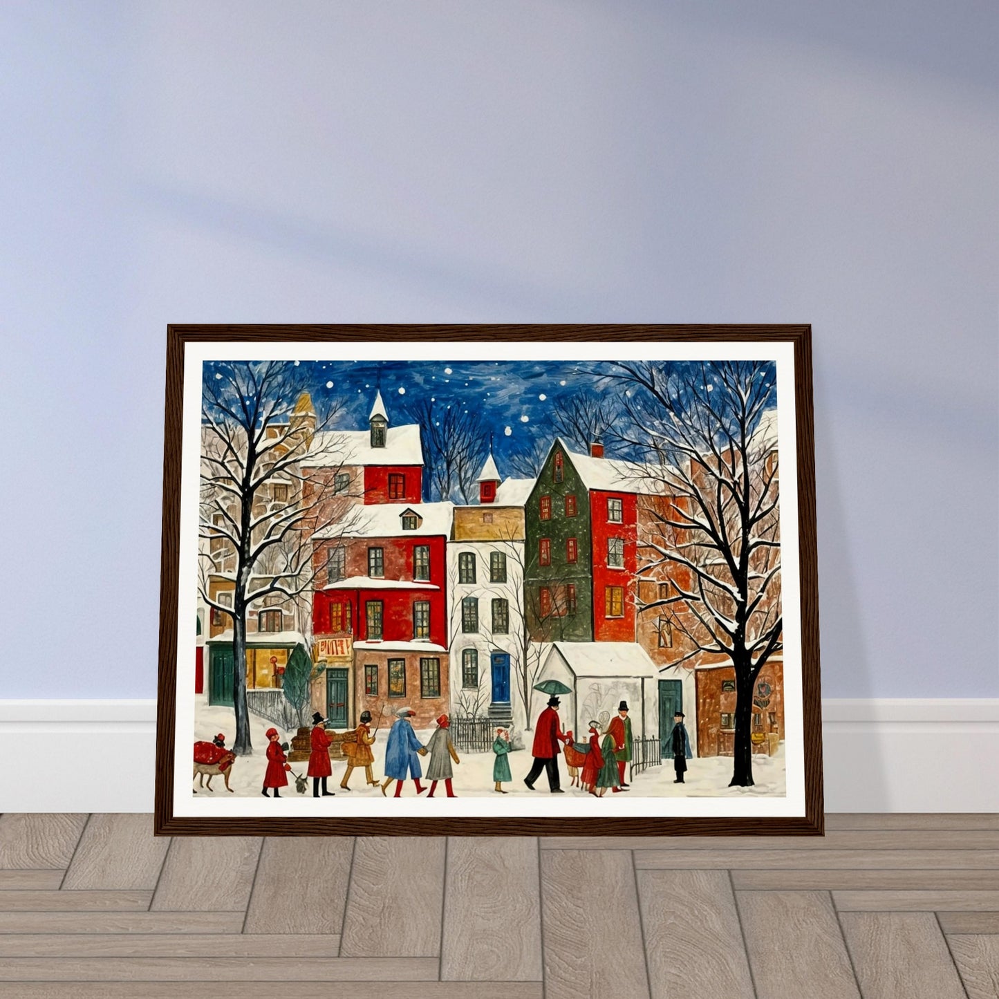 A charming cityscape with people walking down a snow-covered street, surrounded by colorful houses and trees under a starry night sky, capturing the holiday spirit.