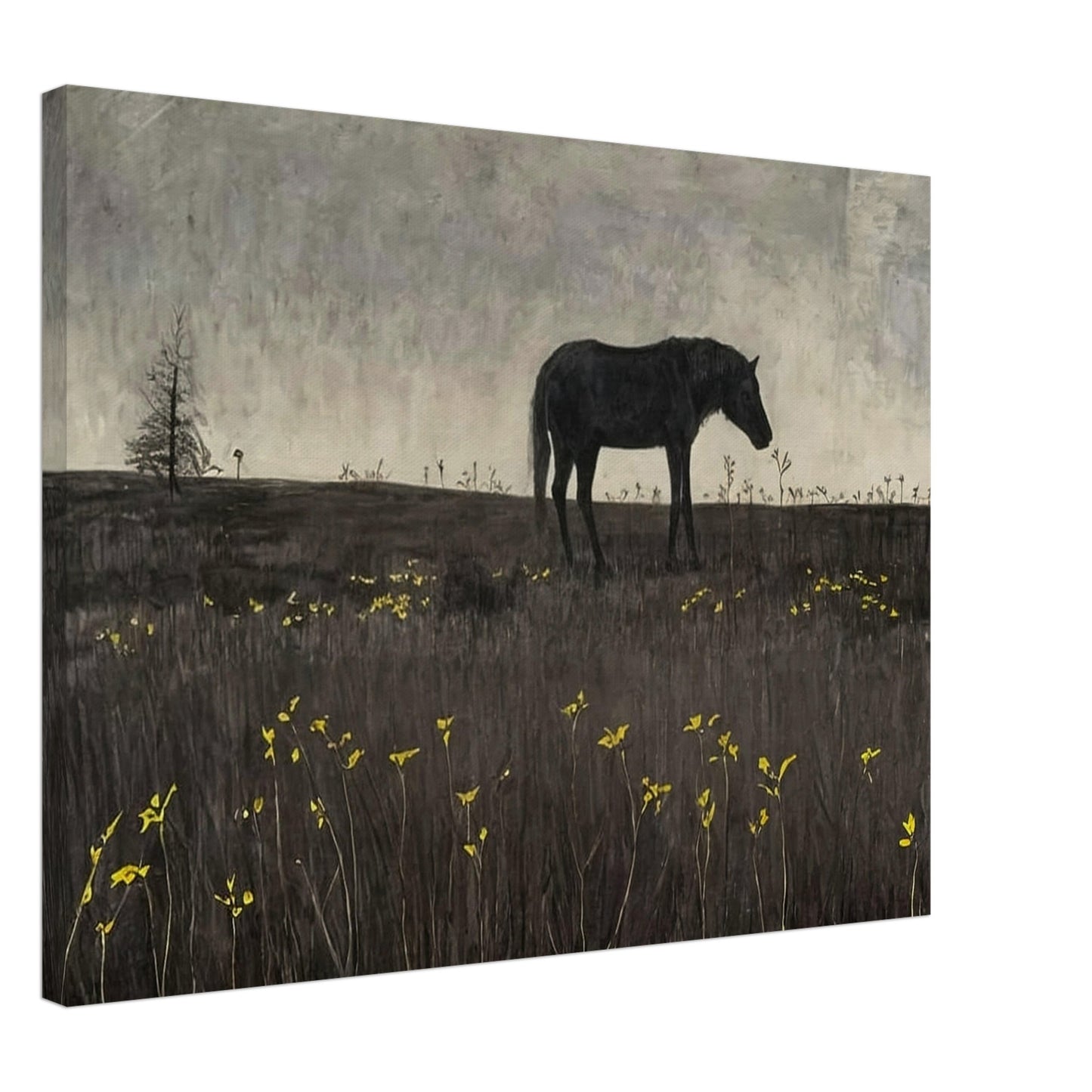A lone horse in a quiet, almost eerie landscape, with a few scattered yellow flowers adding a touch of color to the scene.