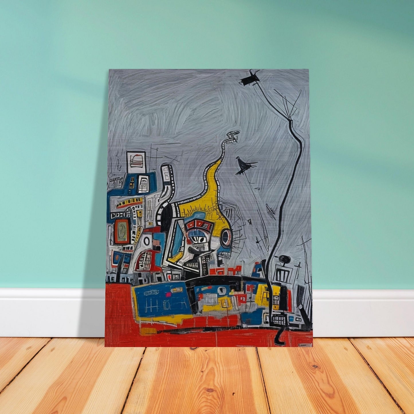 An abstract painting featuring a chaotic yet vibrant urban scene with geometric shapes and bold colors against a gray background.