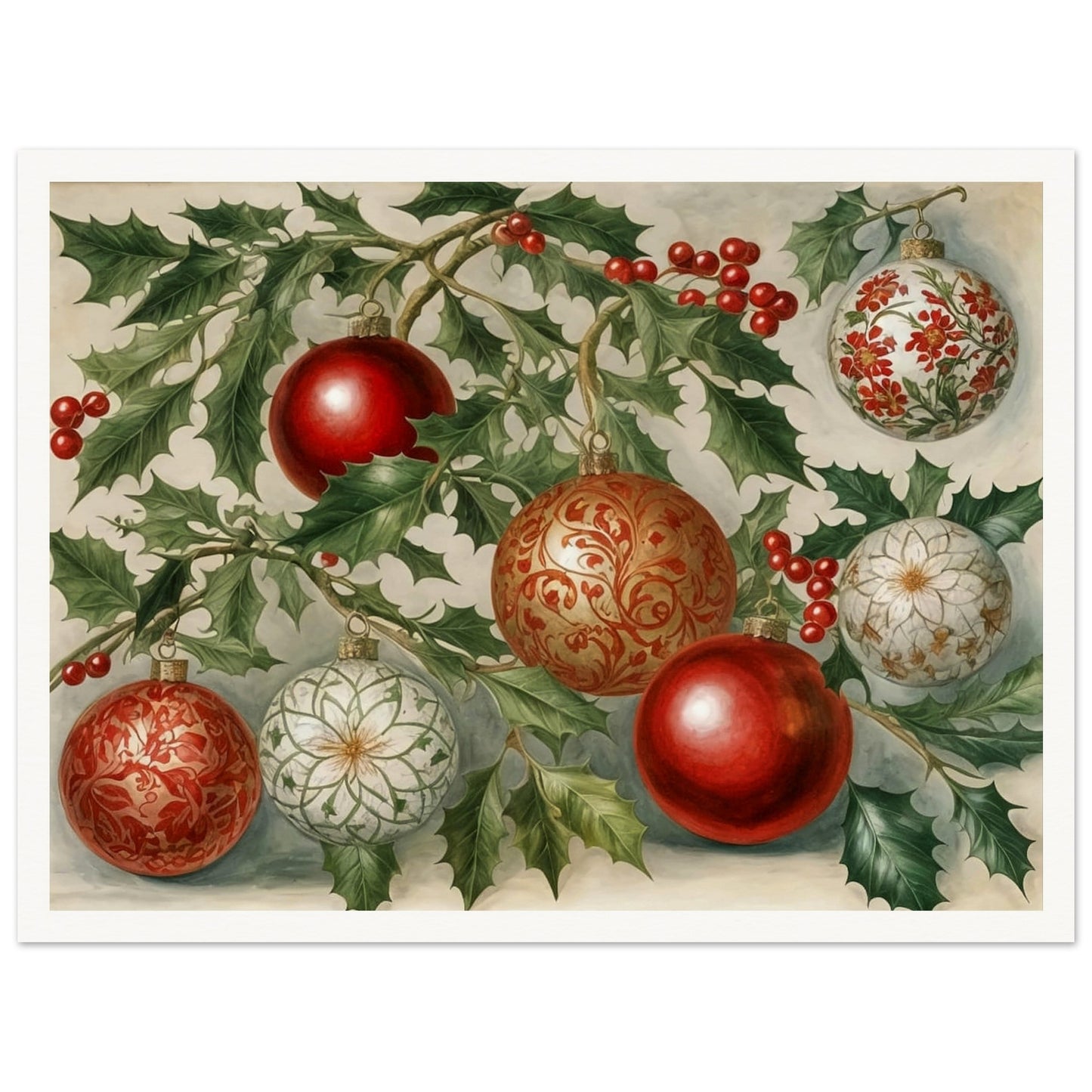 A festive display of red and gold Christmas ornaments hanging from holly branches, adorned with intricate floral and scroll patterns, evoking holiday elegance and warmth.