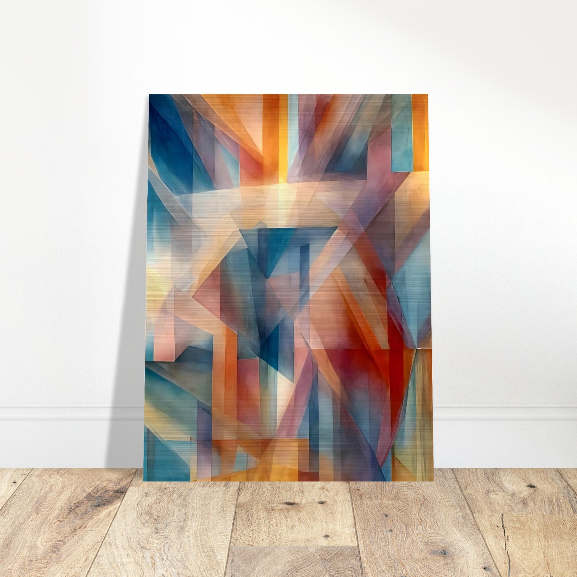 An abstract geometric artwork with interlocking shapes in warm oranges, reds, and cool blues, blending together to create a sense of depth and shifting light.