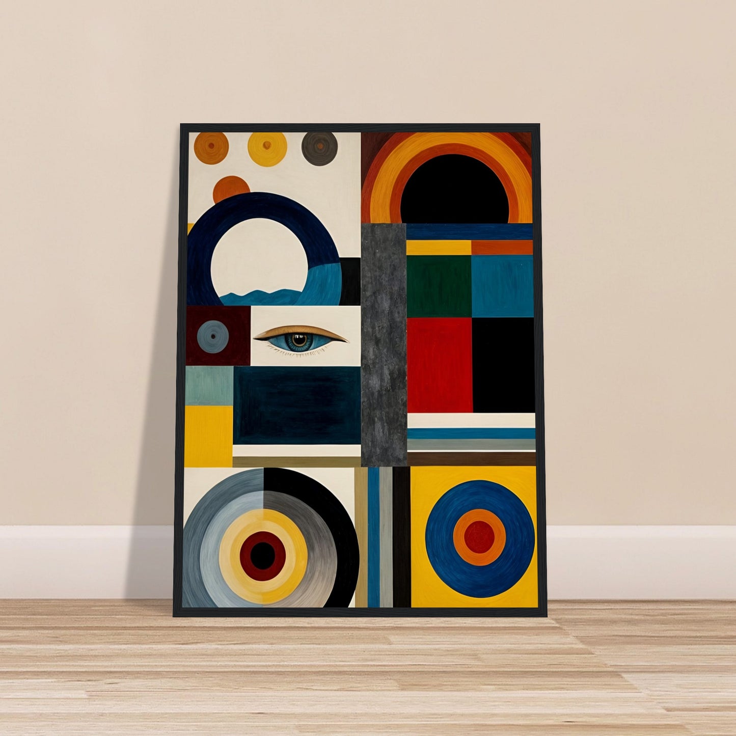 A bold geometric painting featuring an eye, circular and rectangular patterns, and a mix of deep blues, reds, yellows, and neutral tones.