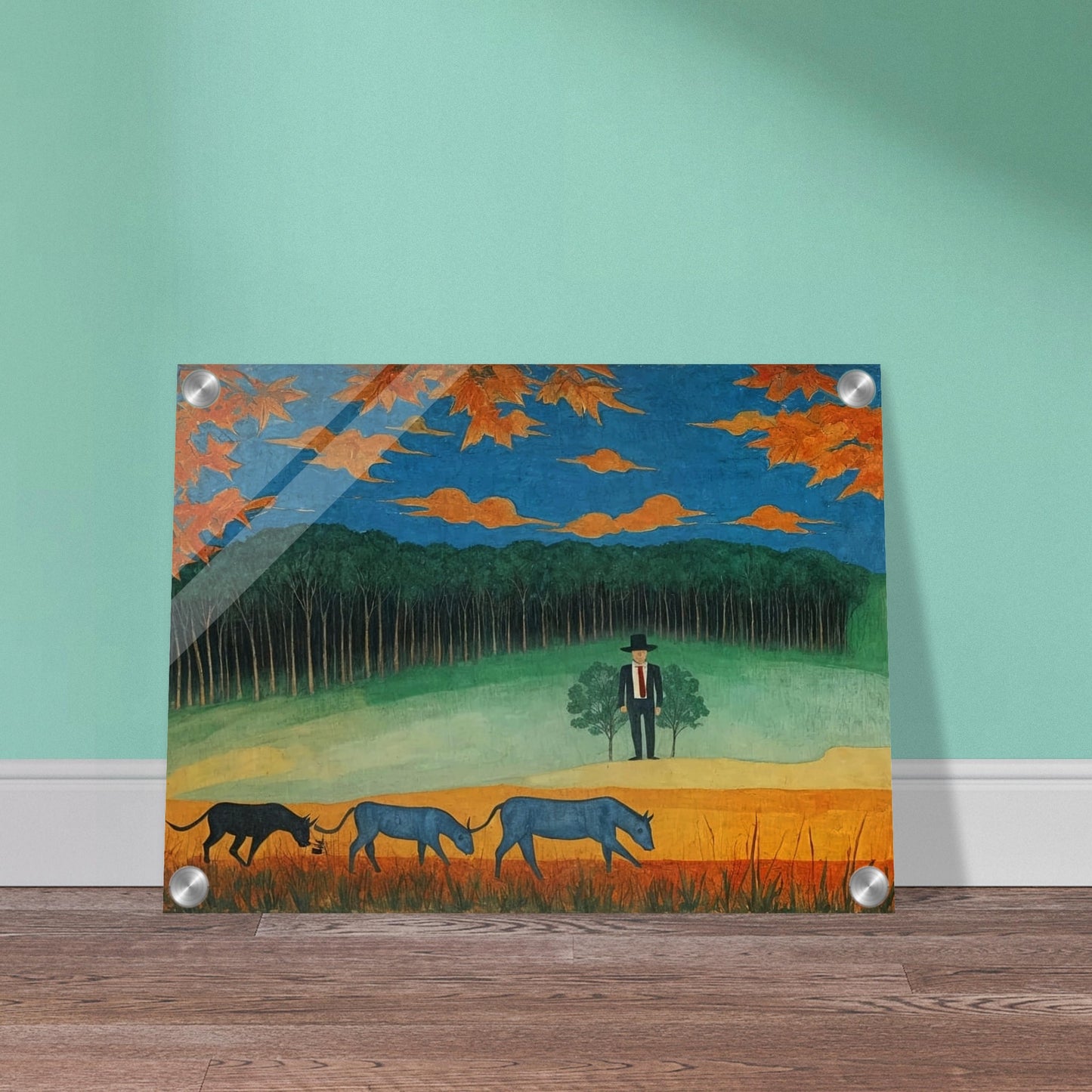 A serene countryside with blue cattle grazing and a lone man in a hat observing the changing autumn foliage and orange skies.