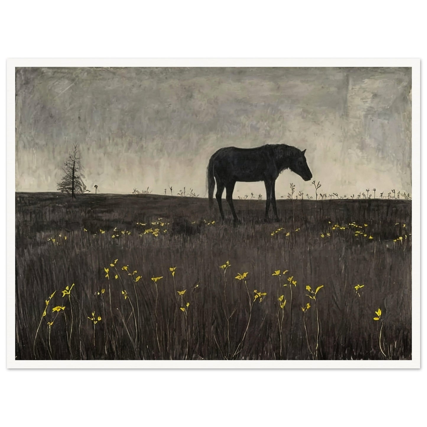 A lone horse in a quiet, almost eerie landscape, with a few scattered yellow flowers adding a touch of color to the scene.