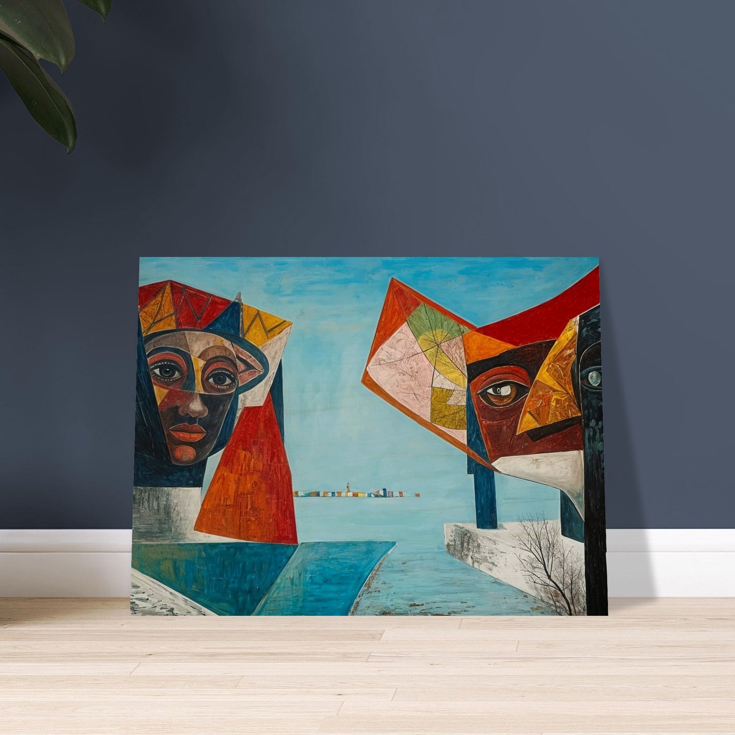 A surreal painting featuring two large, colorful, and abstract guardian faces, positioned on either side of a serene blue seascape, with a distant horizon marked by a row of vibrant structures.