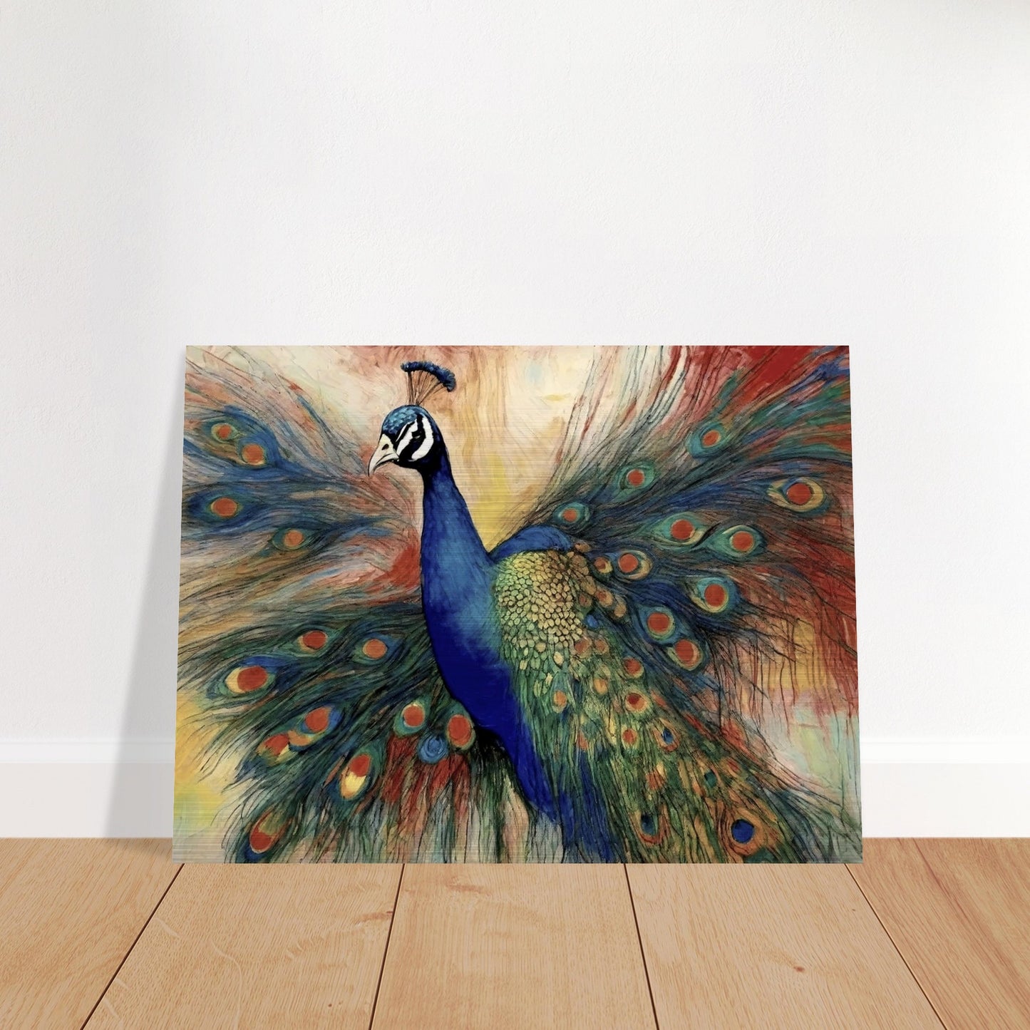 "A stunning painting of a vibrant peacock with its colorful feathers fully fanned out, showcasing rich blues, greens, and intricate eye-like patterns."