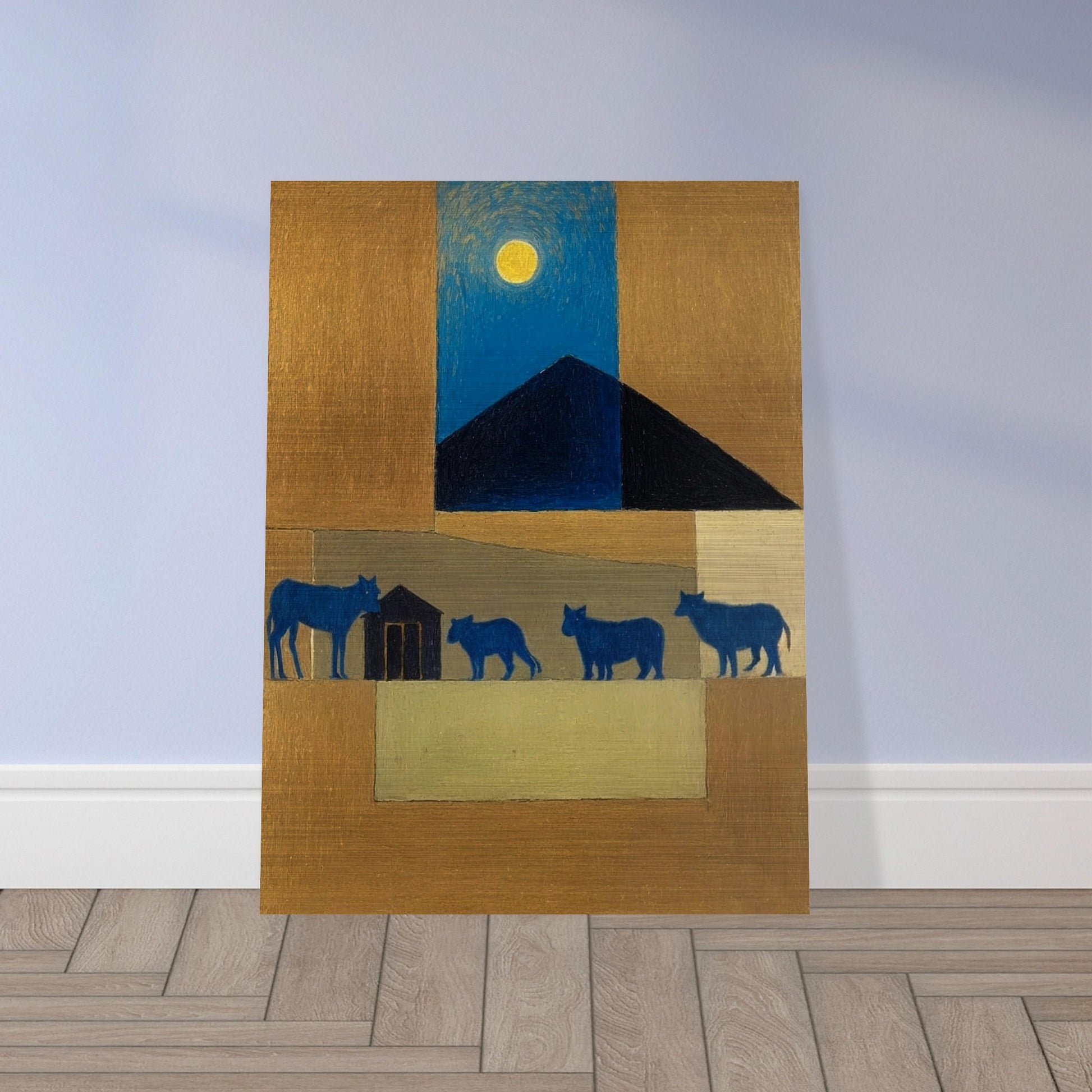 A peaceful night scene with blue cattle walking under the moon, against a backdrop of warm earthy tones and a dark triangular roof.