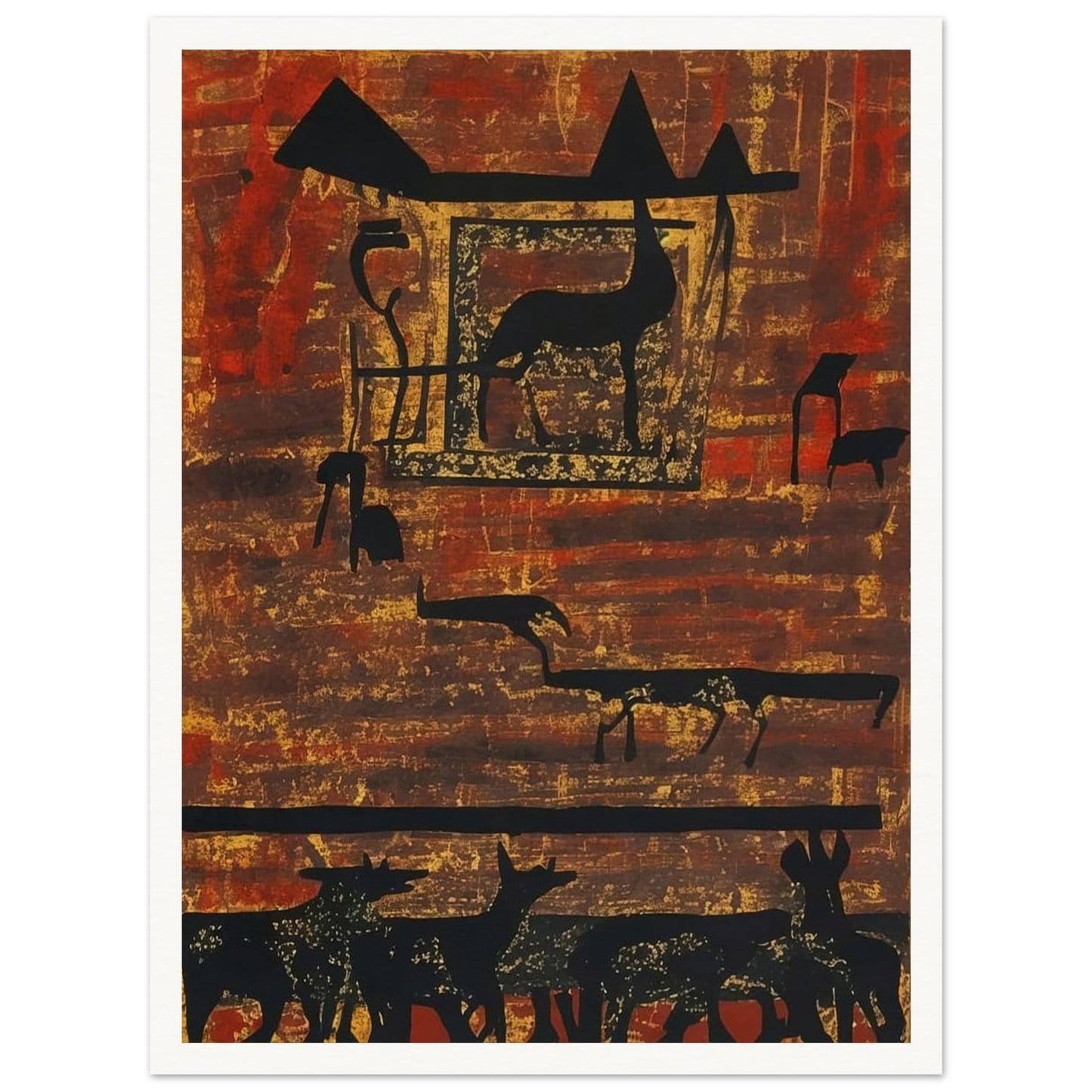 A rustic painting of silhouetted animals and geometric shapes on an earthy, textured background with rich red and brown hues.