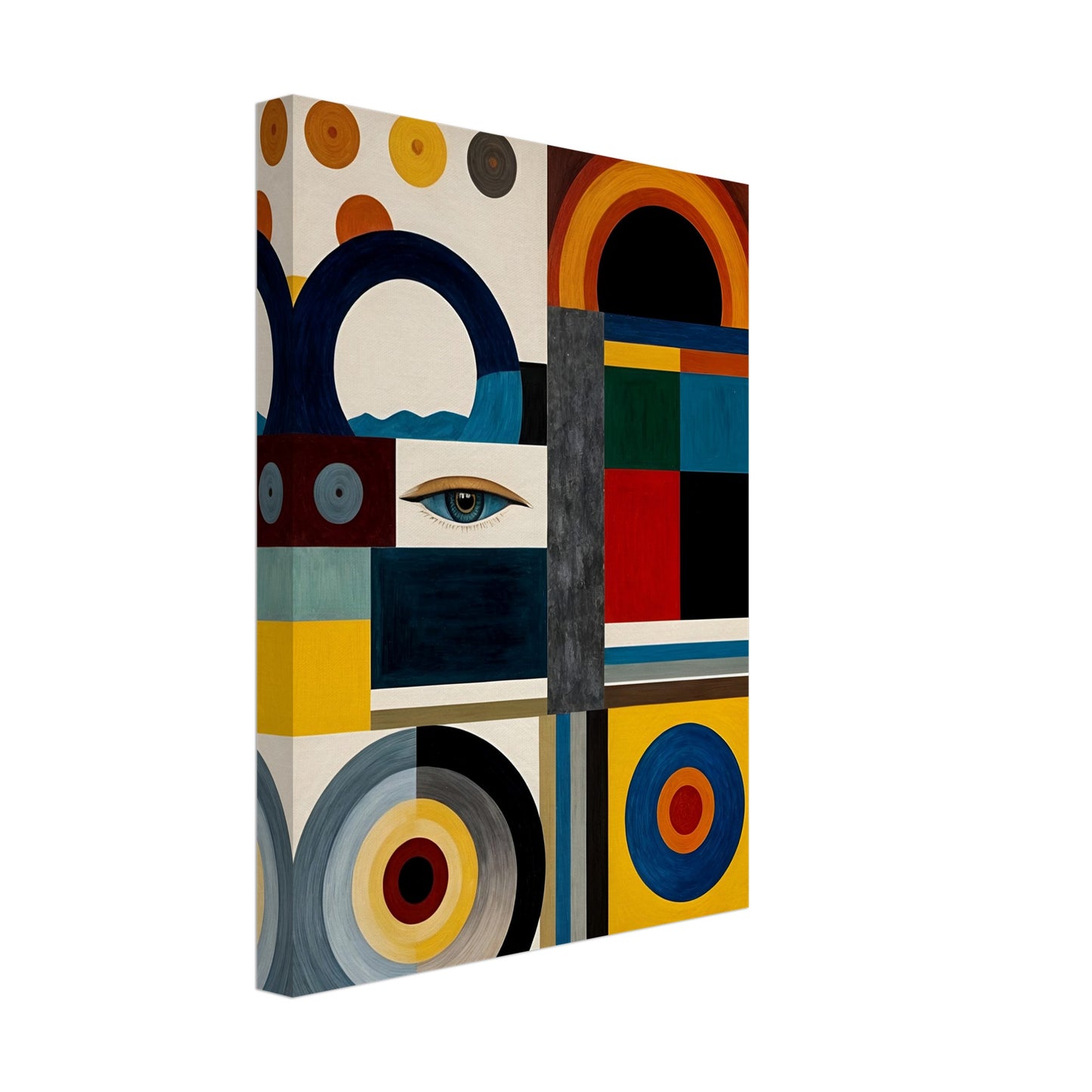 A bold geometric painting featuring an eye, circular and rectangular patterns, and a mix of deep blues, reds, yellows, and neutral tones.