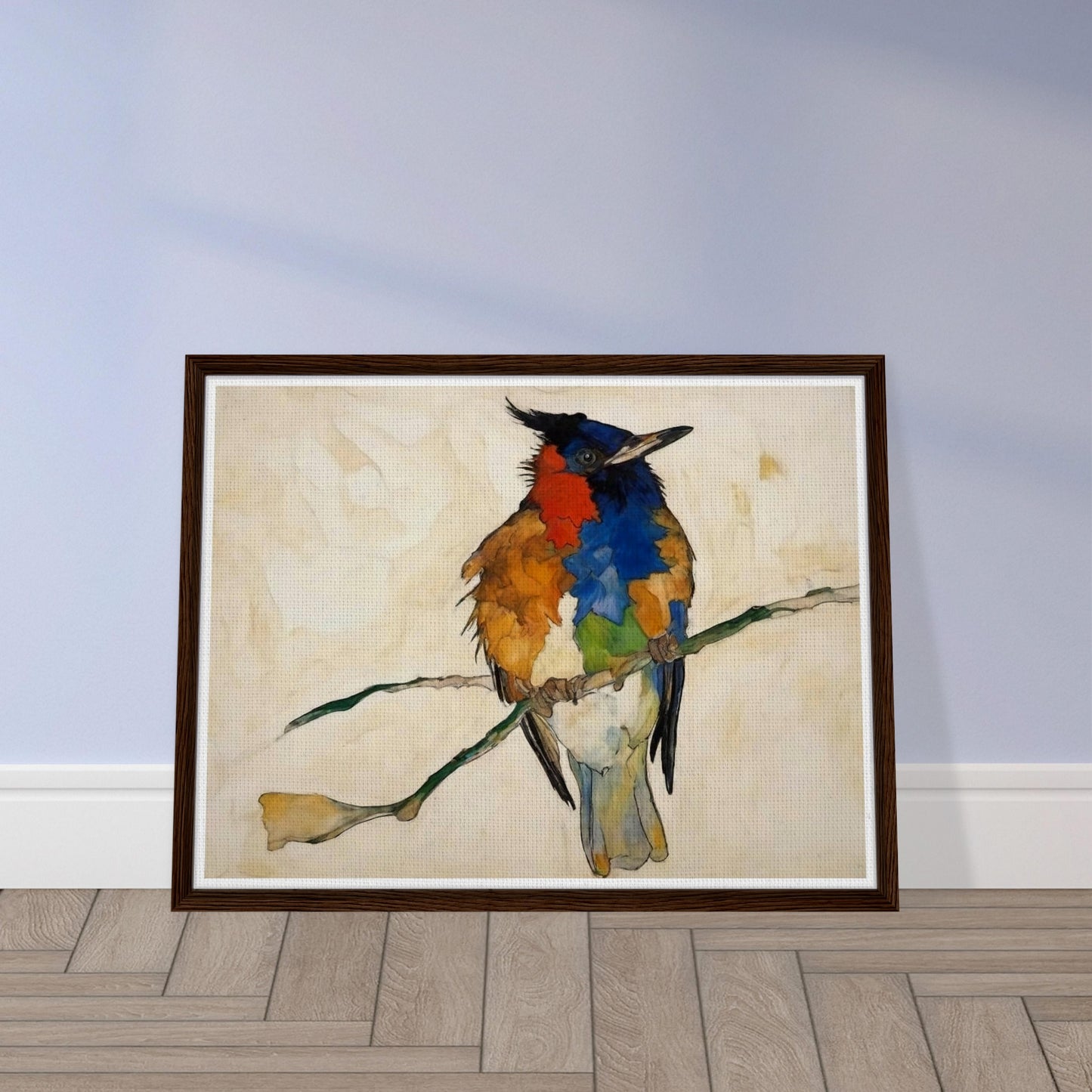 "A vivid painting of a multi-colored bird perched on a branch, with bold patches of red, blue, orange, and green feathers against a light background."