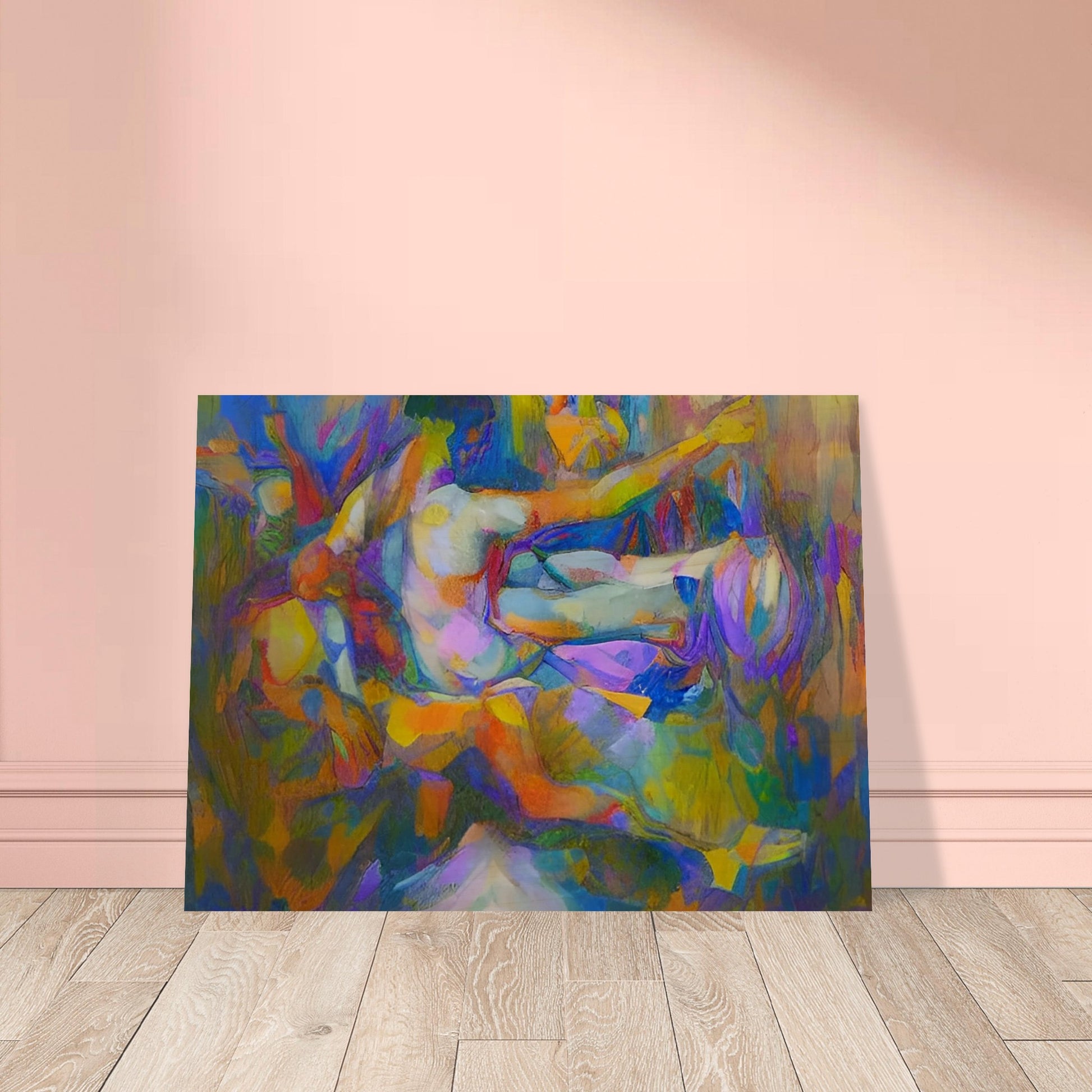 An abstract painting of human figures with vibrant, dynamic colors and forms creating a sense of movement and energy.