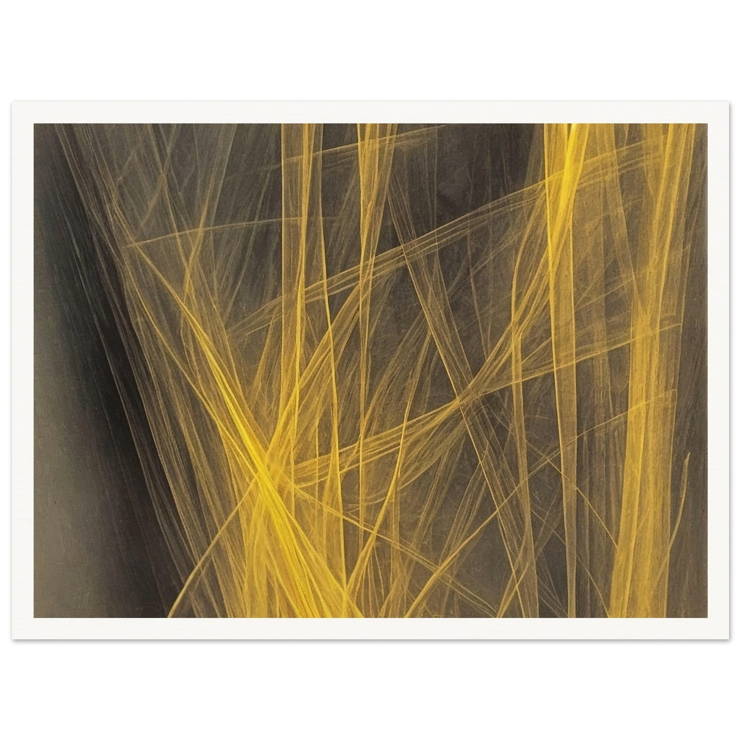 "A striking abstract artwork featuring golden yellow lines interwoven against a dark background, creating an energetic and dynamic visual flow."