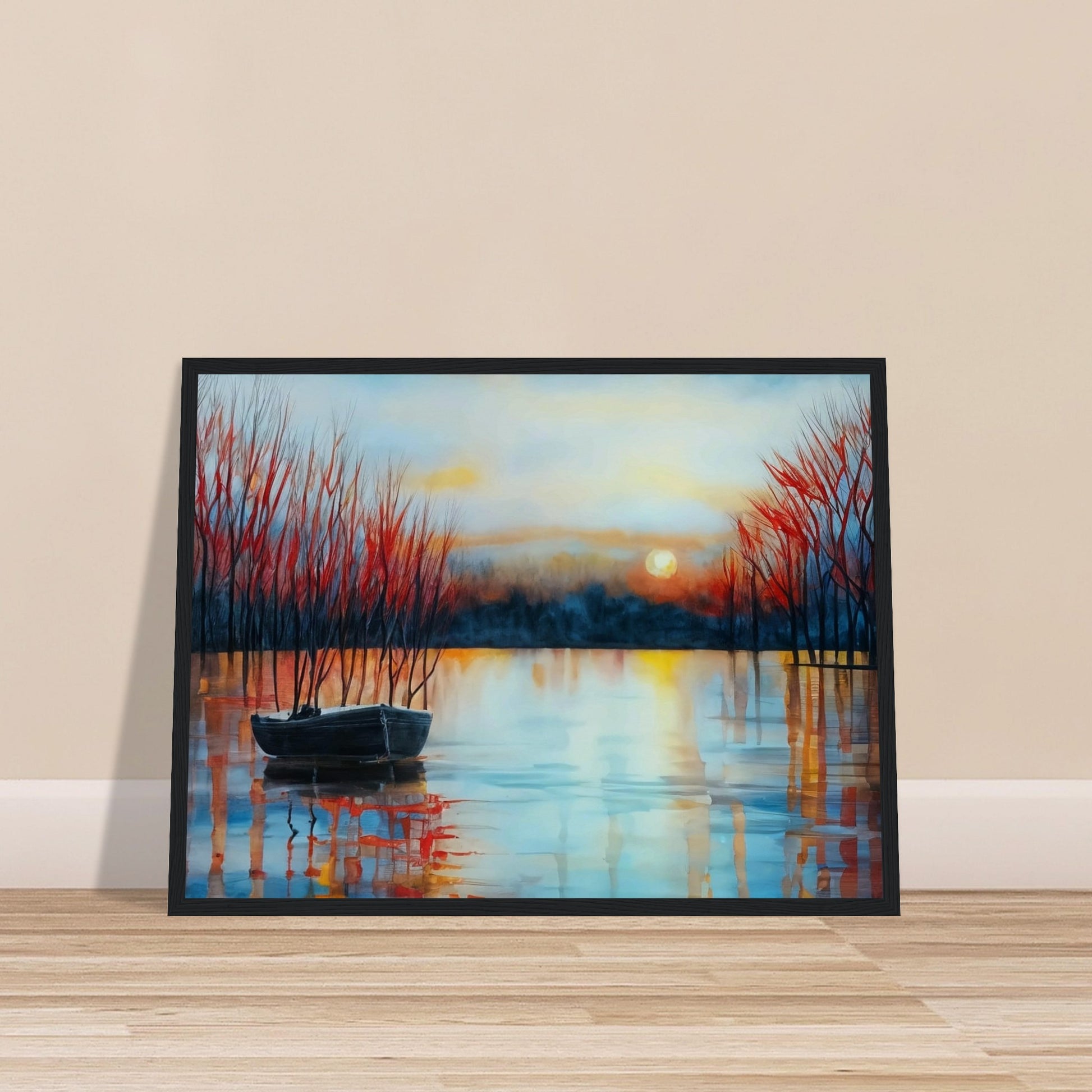 A tranquil lake at sunset with a small boat anchored near bare trees, reflecting the warm hues of the setting sun.