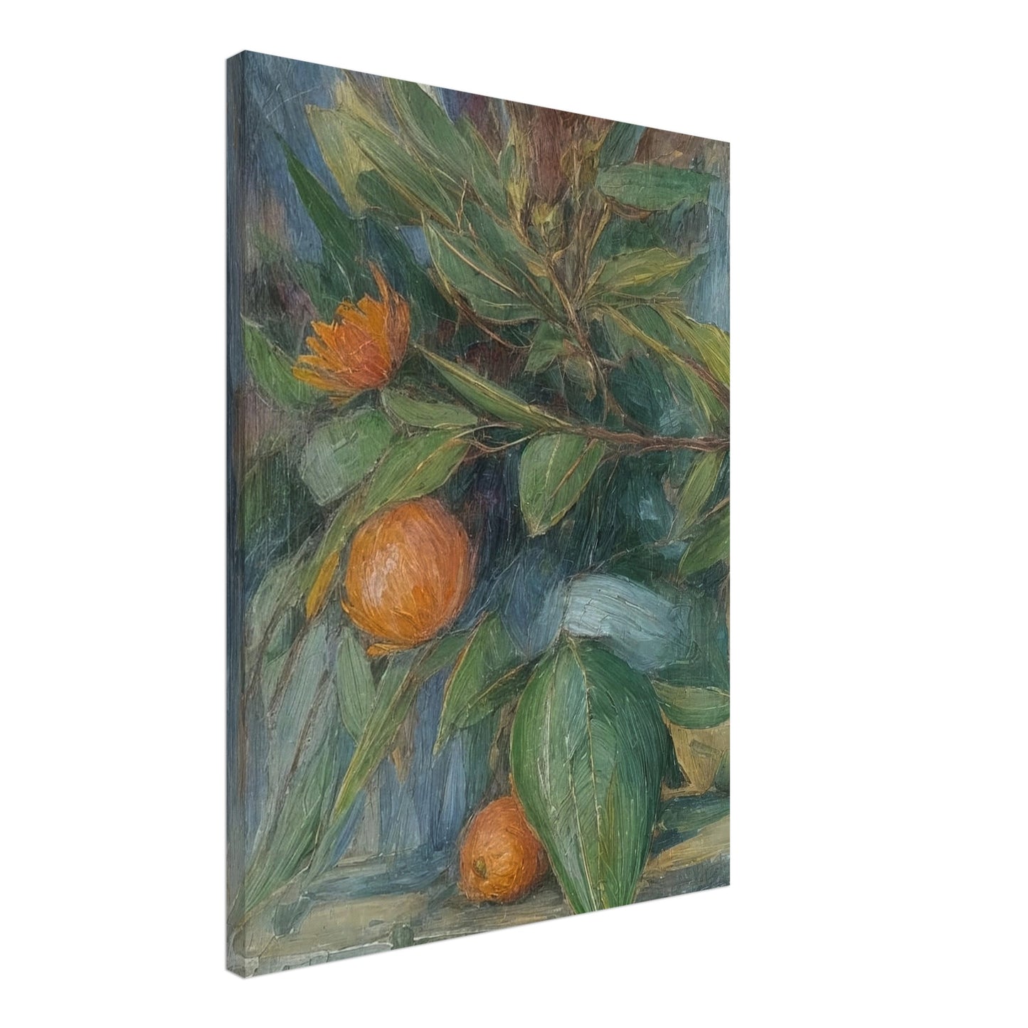 A still life painting featuring a vibrant arrangement of orange fruits and green leaves, showcasing the beauty and abundance of nature.