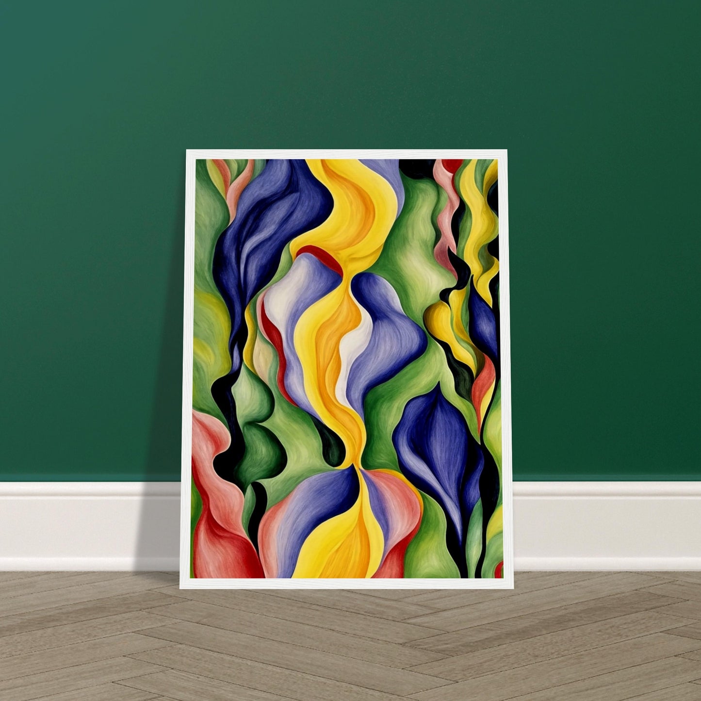 An abstract painting with vibrant, flowing shapes in hues of yellow, blue, green, and red, creating a dynamic and lively composition.