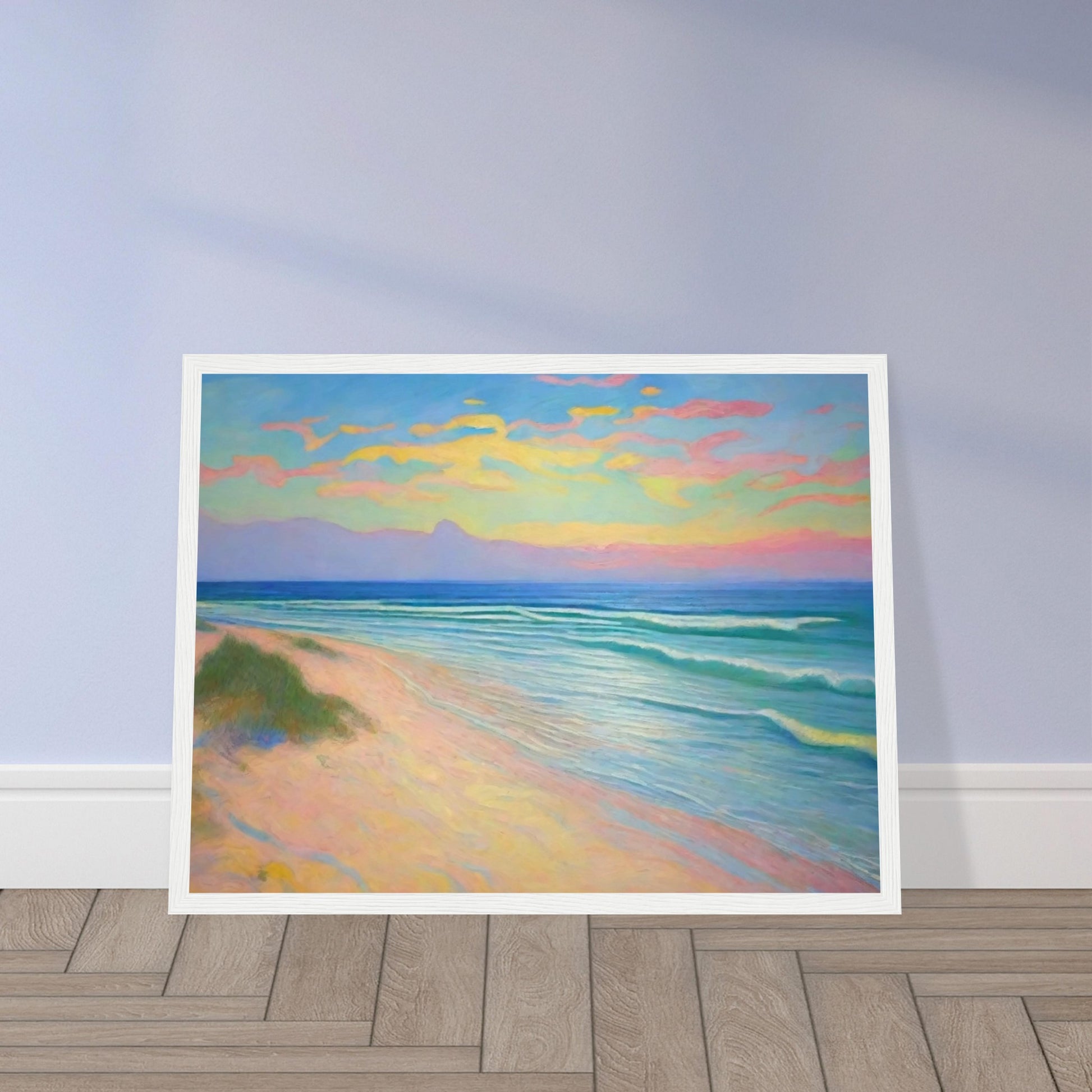 "A serene beach scene with pastel-colored clouds in the sky, gentle waves, and soft sandy shores, creating a peaceful atmosphere."