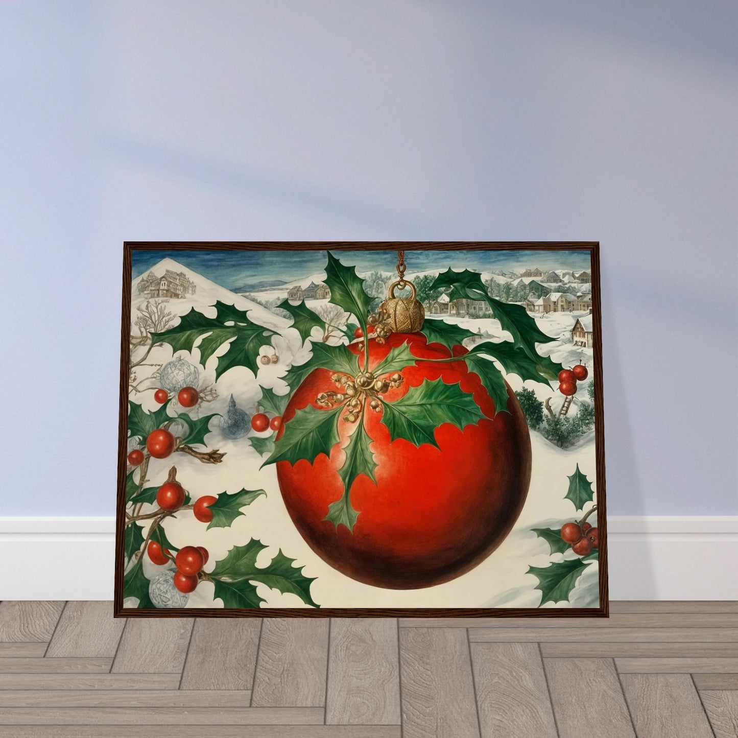 A large red Christmas ornament adorned with holly leaves and berries, set against a snowy village landscape, evoking the holiday spirit in a wintry setting.