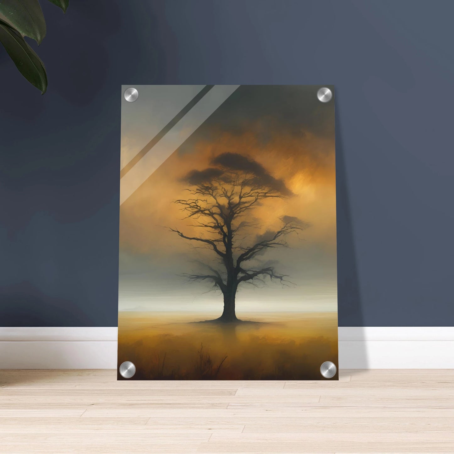 A solitary tree with bare branches stands in a foggy golden field, framed by a smoky, glowing twilight sky.