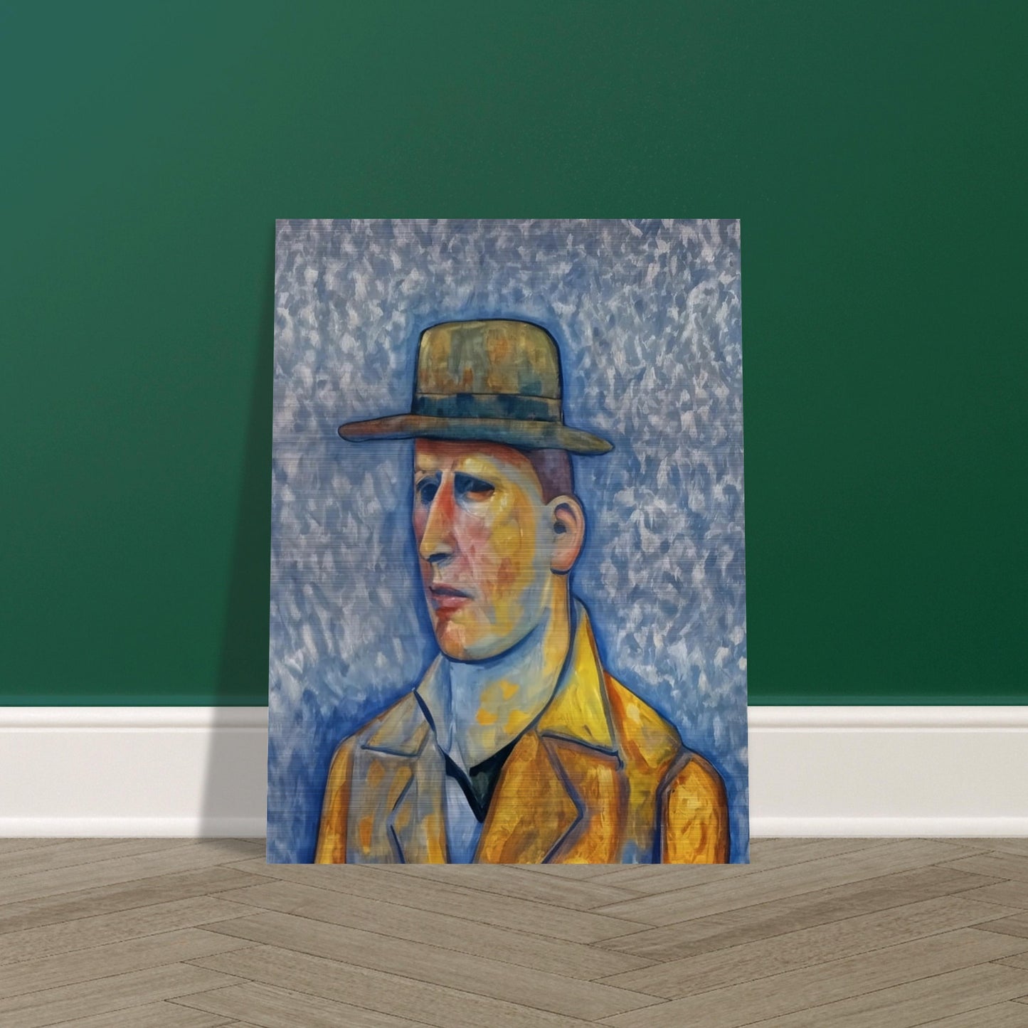 A stylized portrait of a man in a yellow coat and green hat, set against a textured blue background, with a solemn expression on his face.
