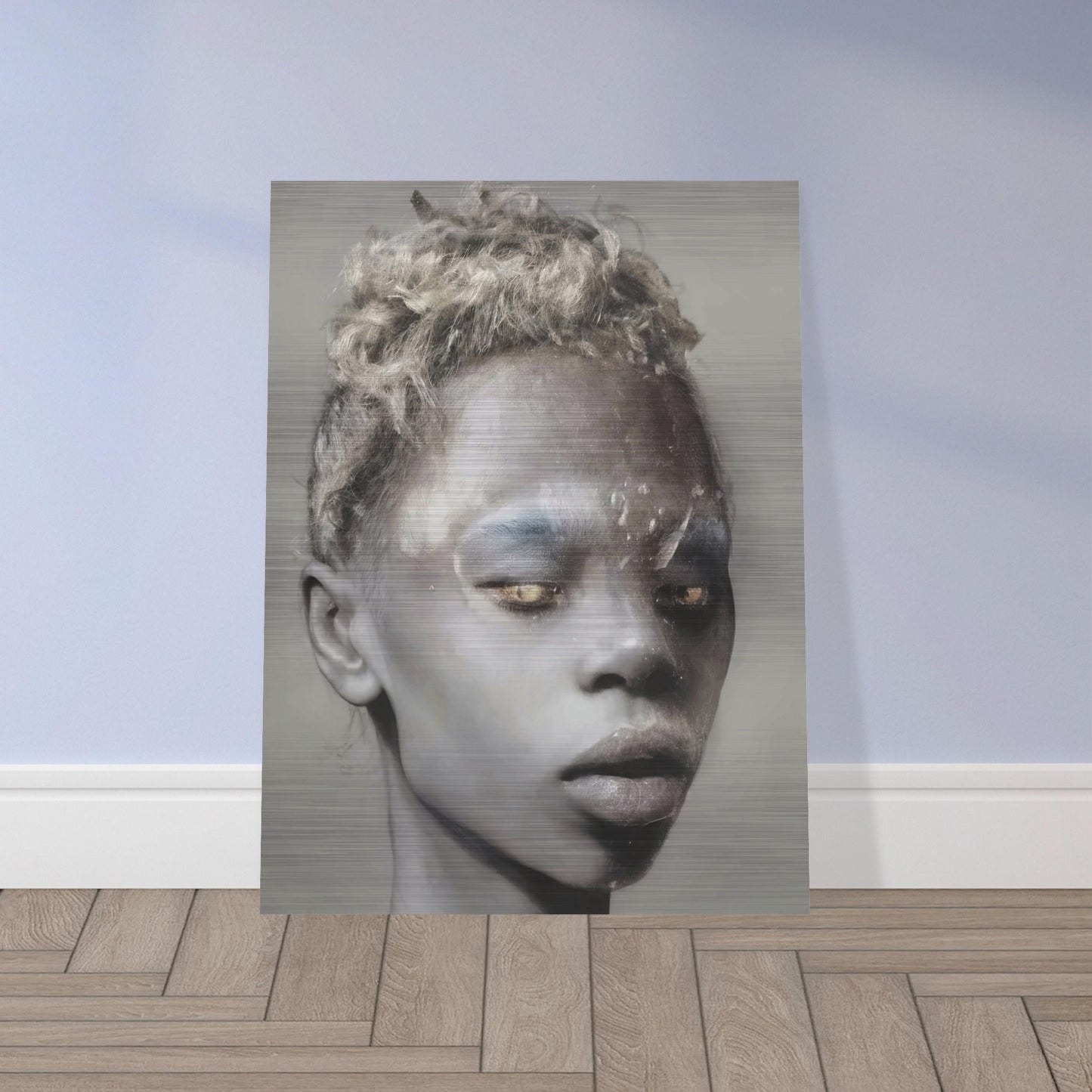 A powerful and ethereal portrait of a person with textured skin, golden eyes, and silvery hair, blending realism and surrealism to create a captivating and otherworldly appearance.
