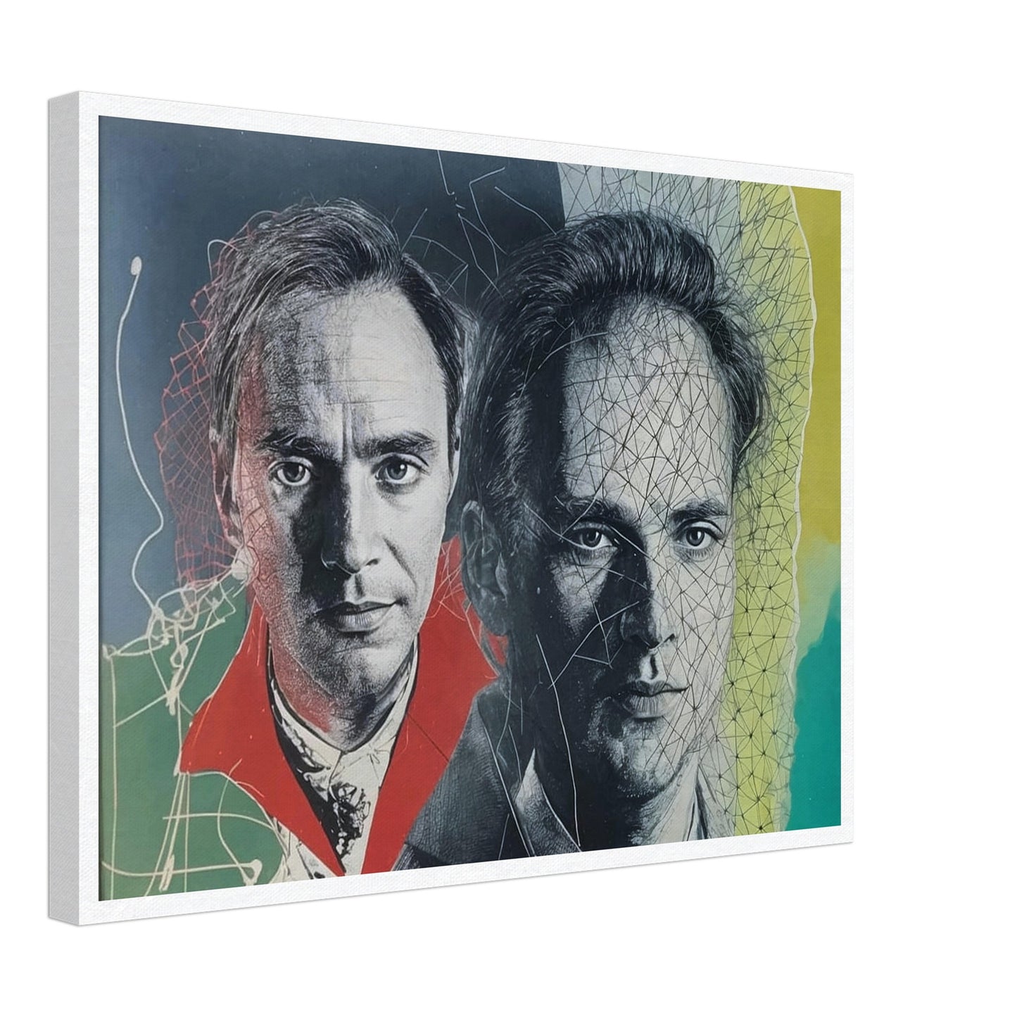 A surreal portrait featuring two faces of the same man, one with a vibrant red collar and the other interwoven with abstract lines.