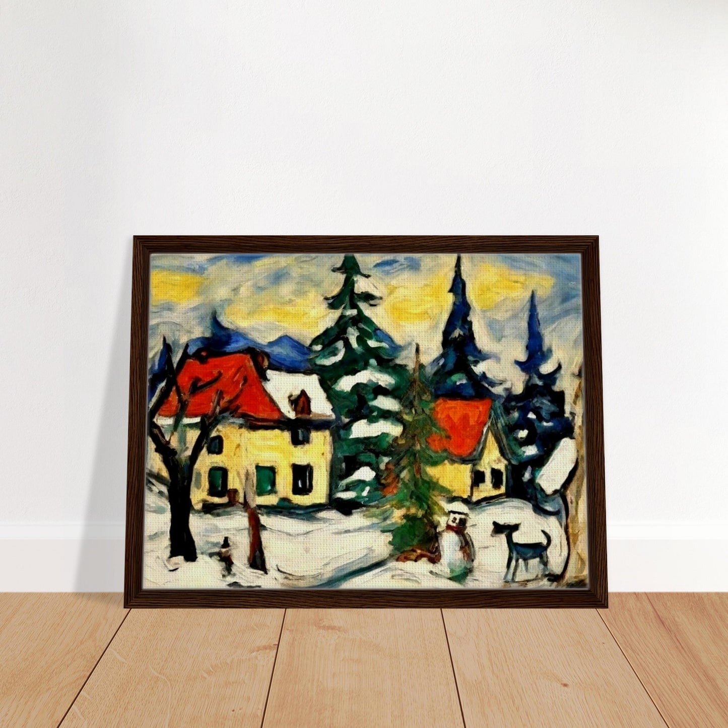A picturesque village scene with snow-covered cabins, tall pine trees, and a snowman under a golden-yellow sky, capturing the peaceful charm of a winter landscape.