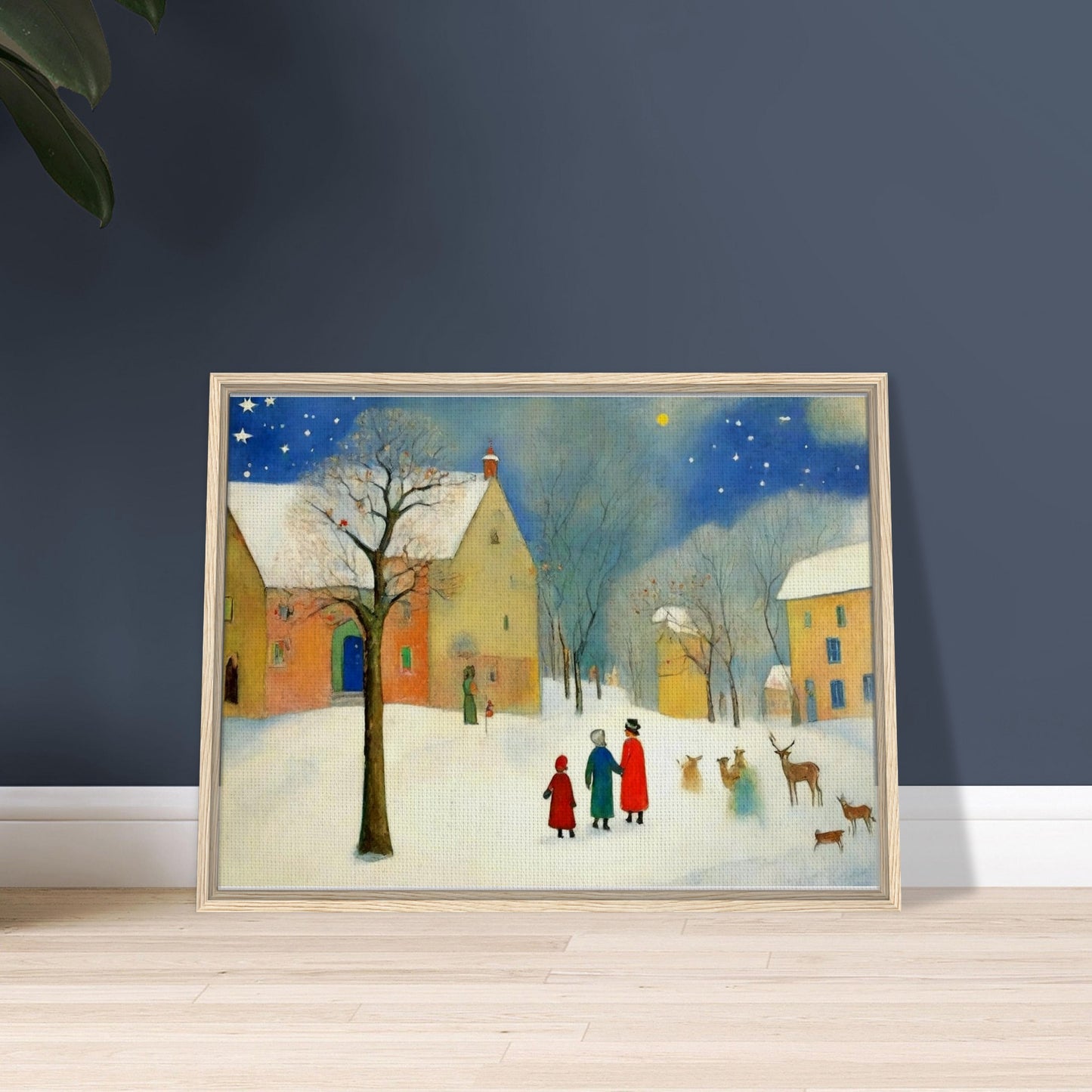 "A whimsical winter scene featuring families and deer in a snow-covered village under a starry sky, with warm-lit houses in the background."