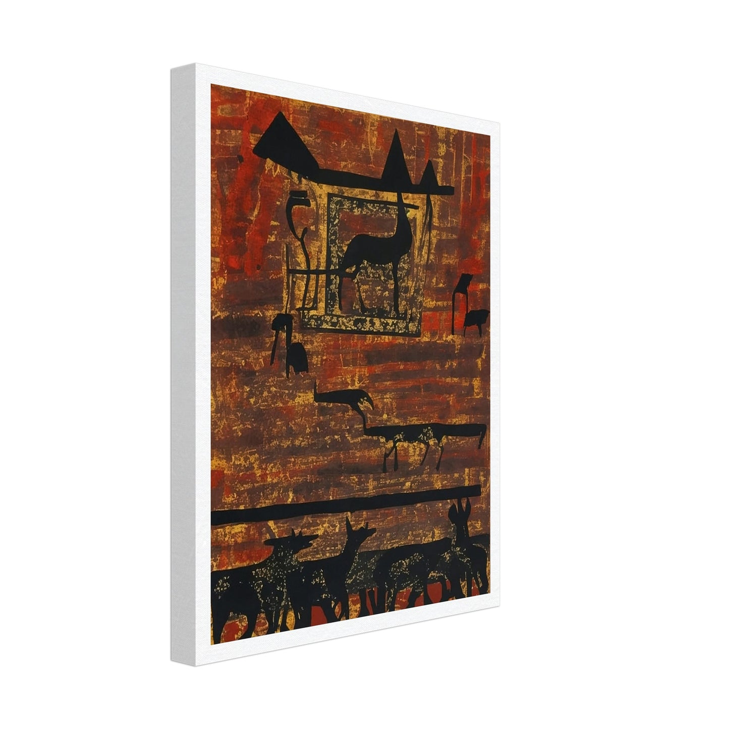 A rustic painting of silhouetted animals and geometric shapes on an earthy, textured background with rich red and brown hues.