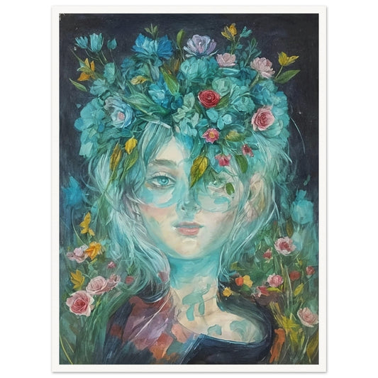 A captivating portrait of a woman with flowers in her hair, blending seamlessly into a vibrant floral background.