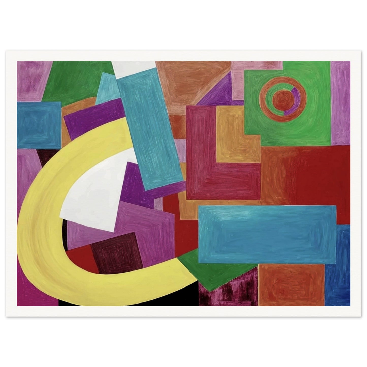 Dynamic composition of colorful geometric shapes, featuring rectangles, squares, and arcs in bold hues of yellow, blue, green, and red.
