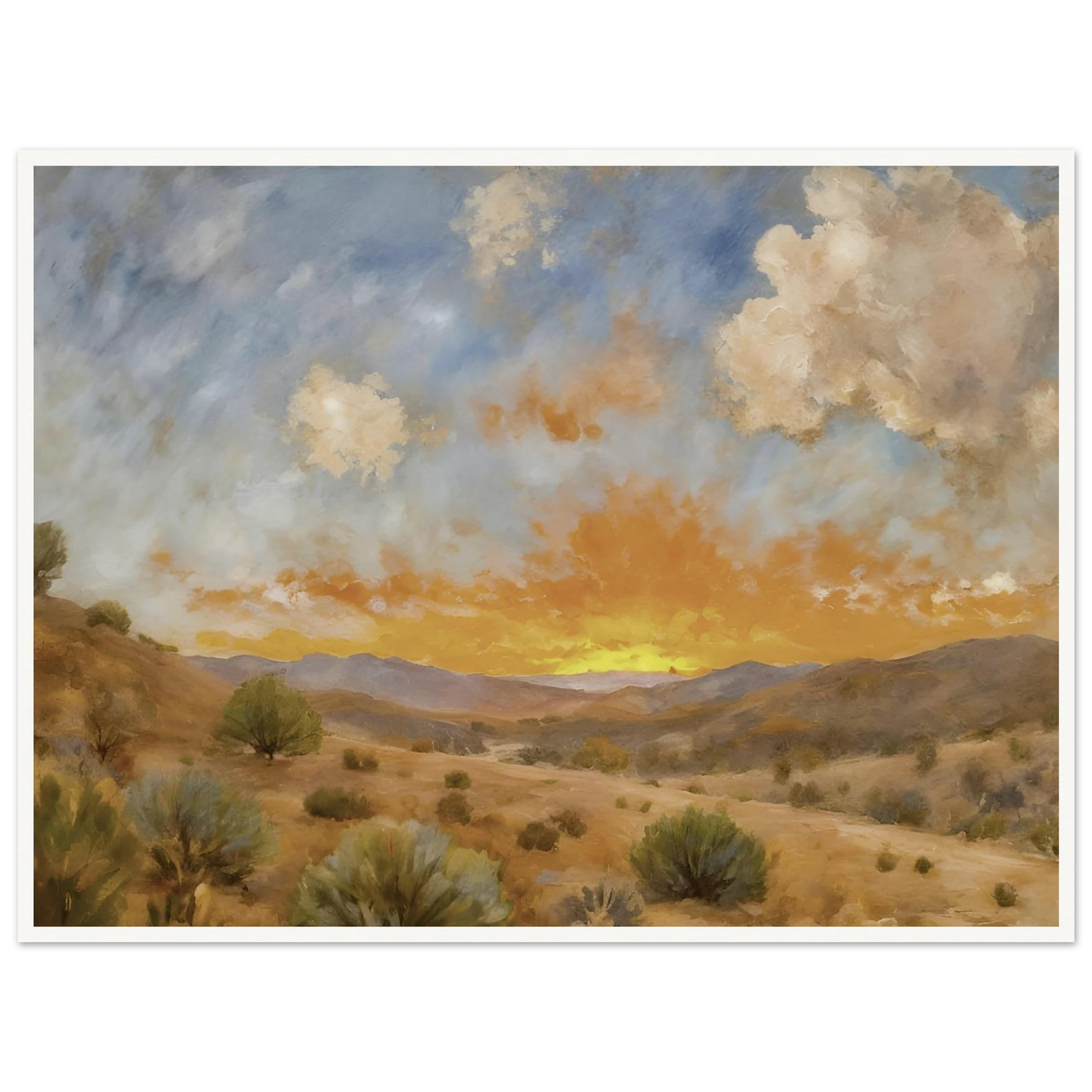 A glowing orange sunset spreads over a tranquil desert valley with scrubby bushes, rolling hills, and dramatic cloud cover.