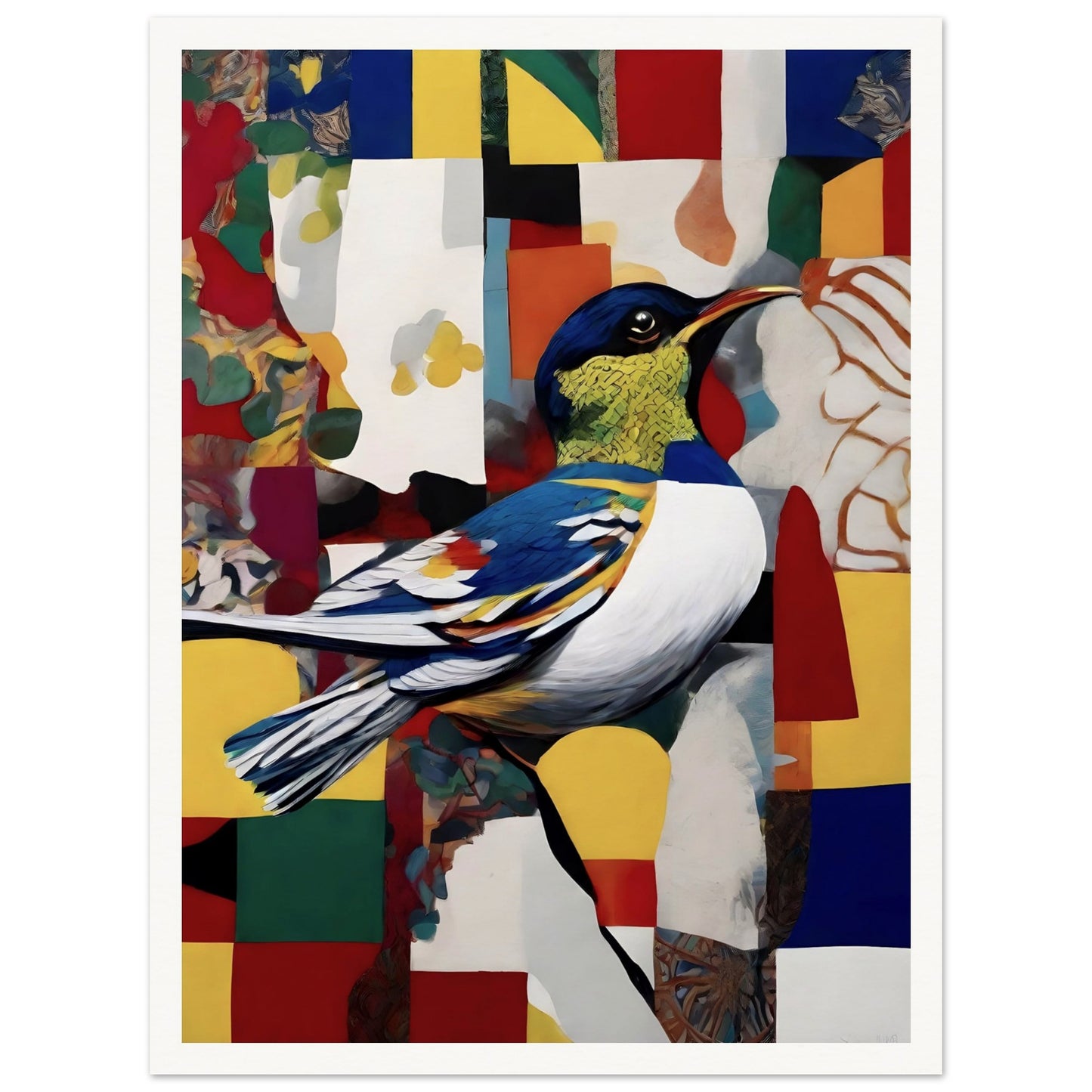 A colorful painting of a bird with intricate blue, yellow, and white feathers perched on a branch, set against a patchwork background of bold geometric shapes and vibrant hues.